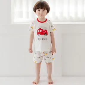 Kids Summer Short Shirt Cotton Cool Mesh Pajamas Set - Fire Truck