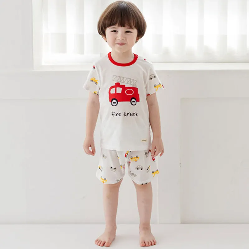 Kids Summer Short Shirt Cotton Cool Mesh Pajamas Set - Fire Truck