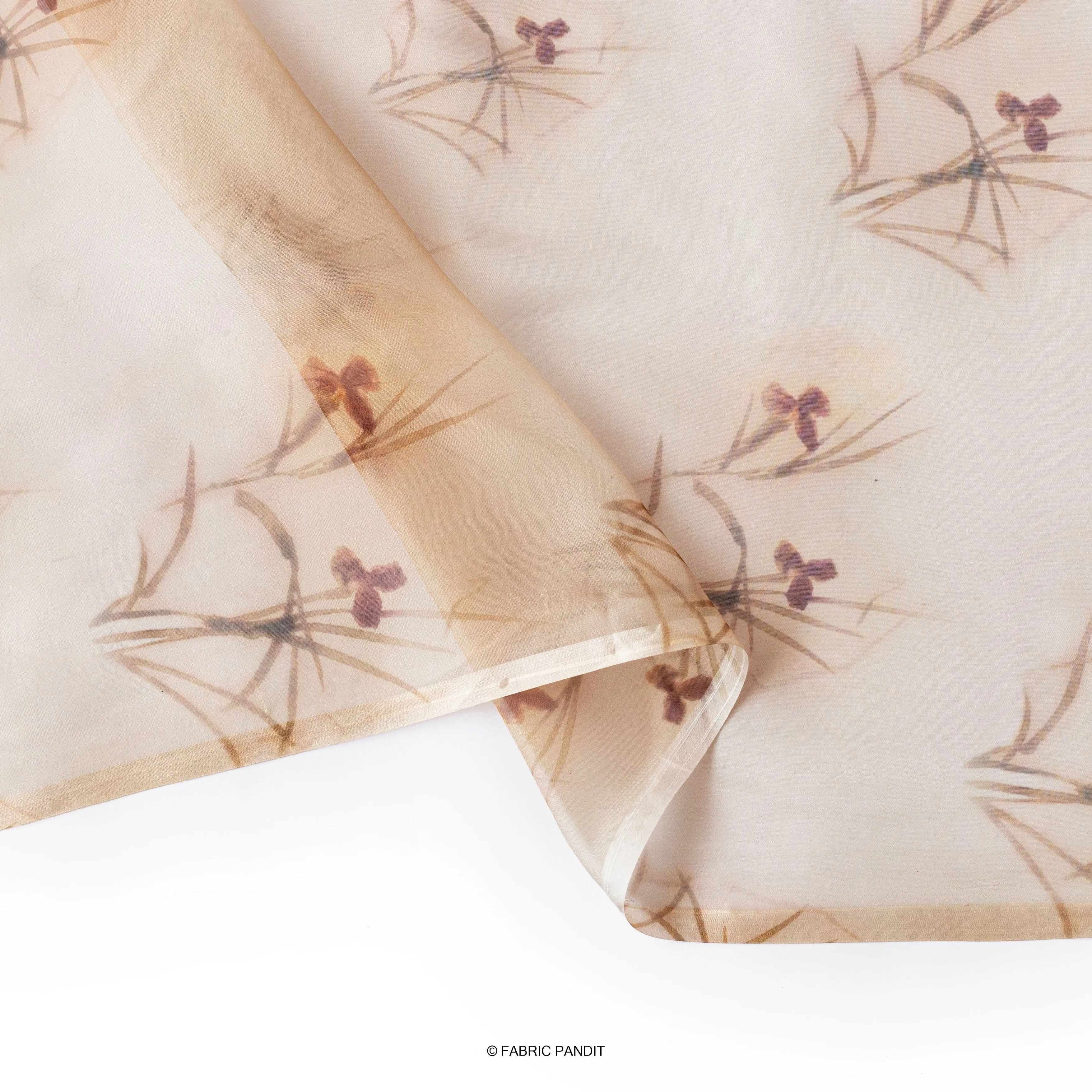 Light Brown Daisy Bunch Digital Printed Taby silk Fabric (Width 44 Inches)