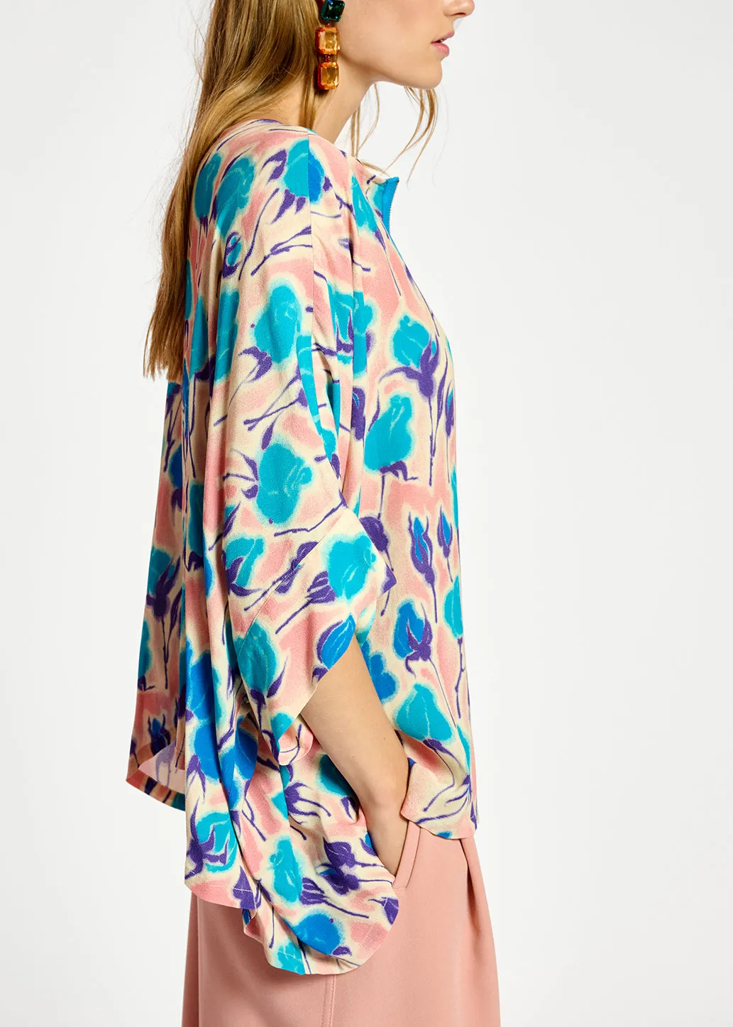 Light pink, blue and purple floral print oversized top