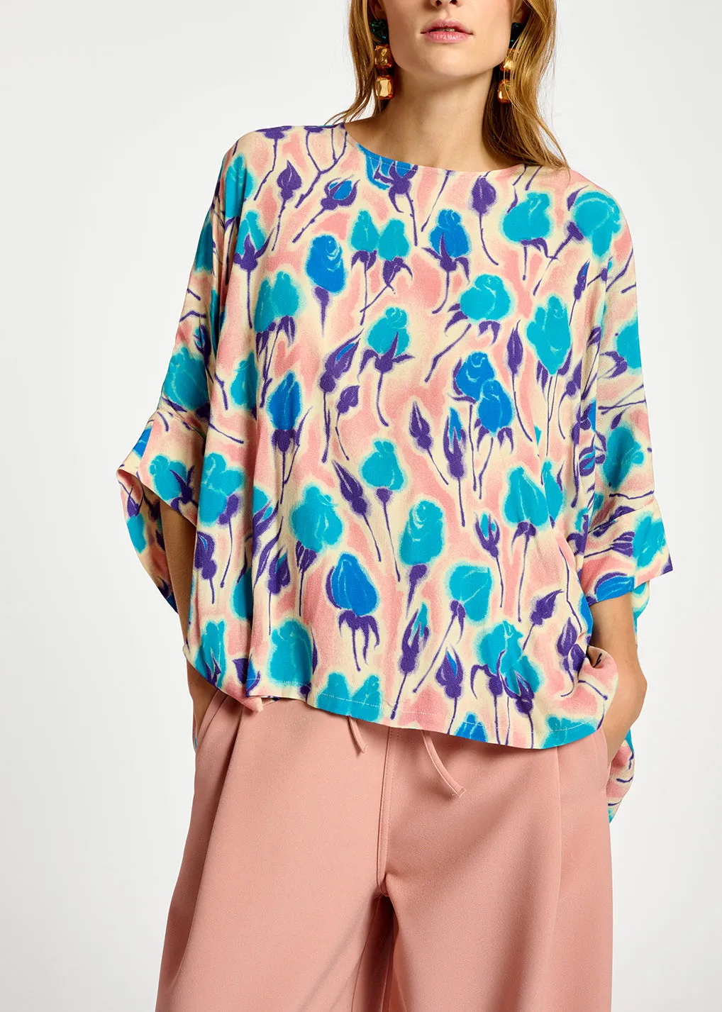 Light pink, blue and purple floral print oversized top