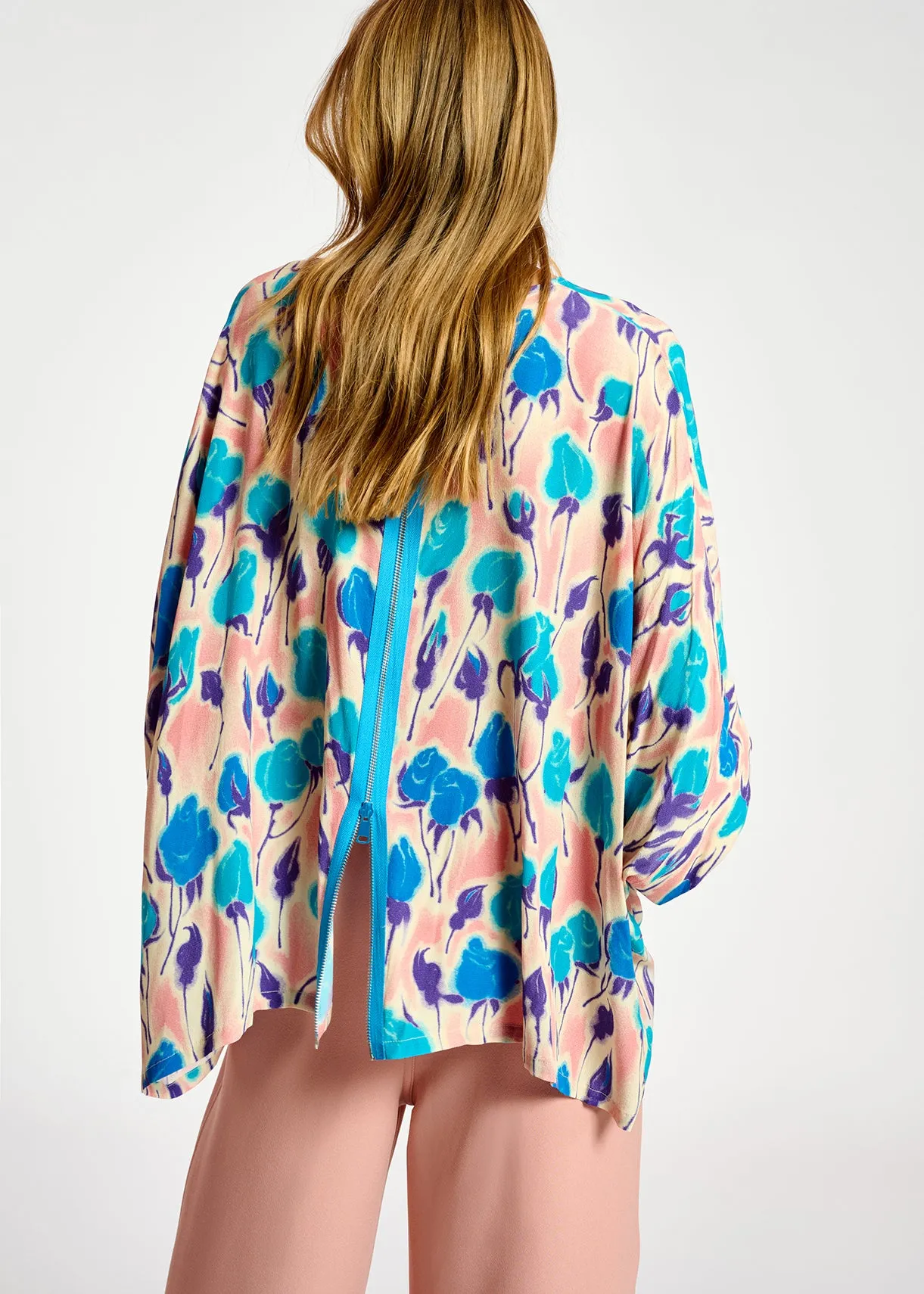 Light pink, blue and purple floral print oversized top