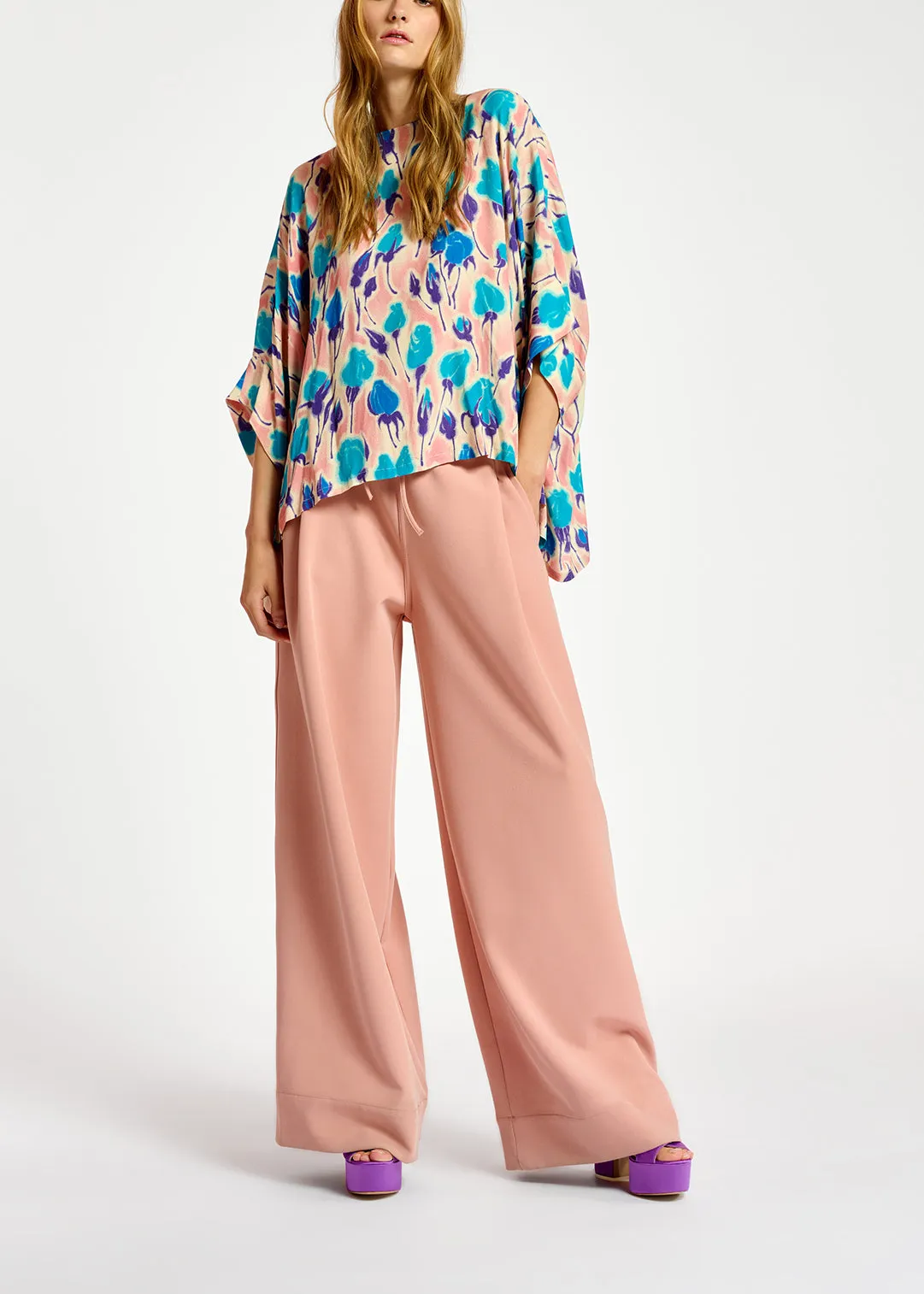 Light pink, blue and purple floral print oversized top