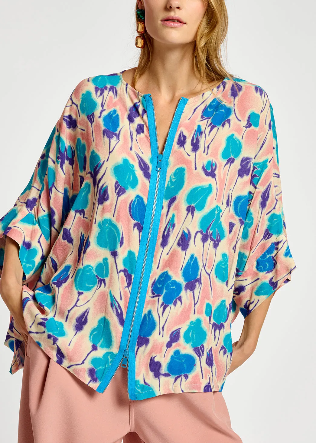 Light pink, blue and purple floral print oversized top