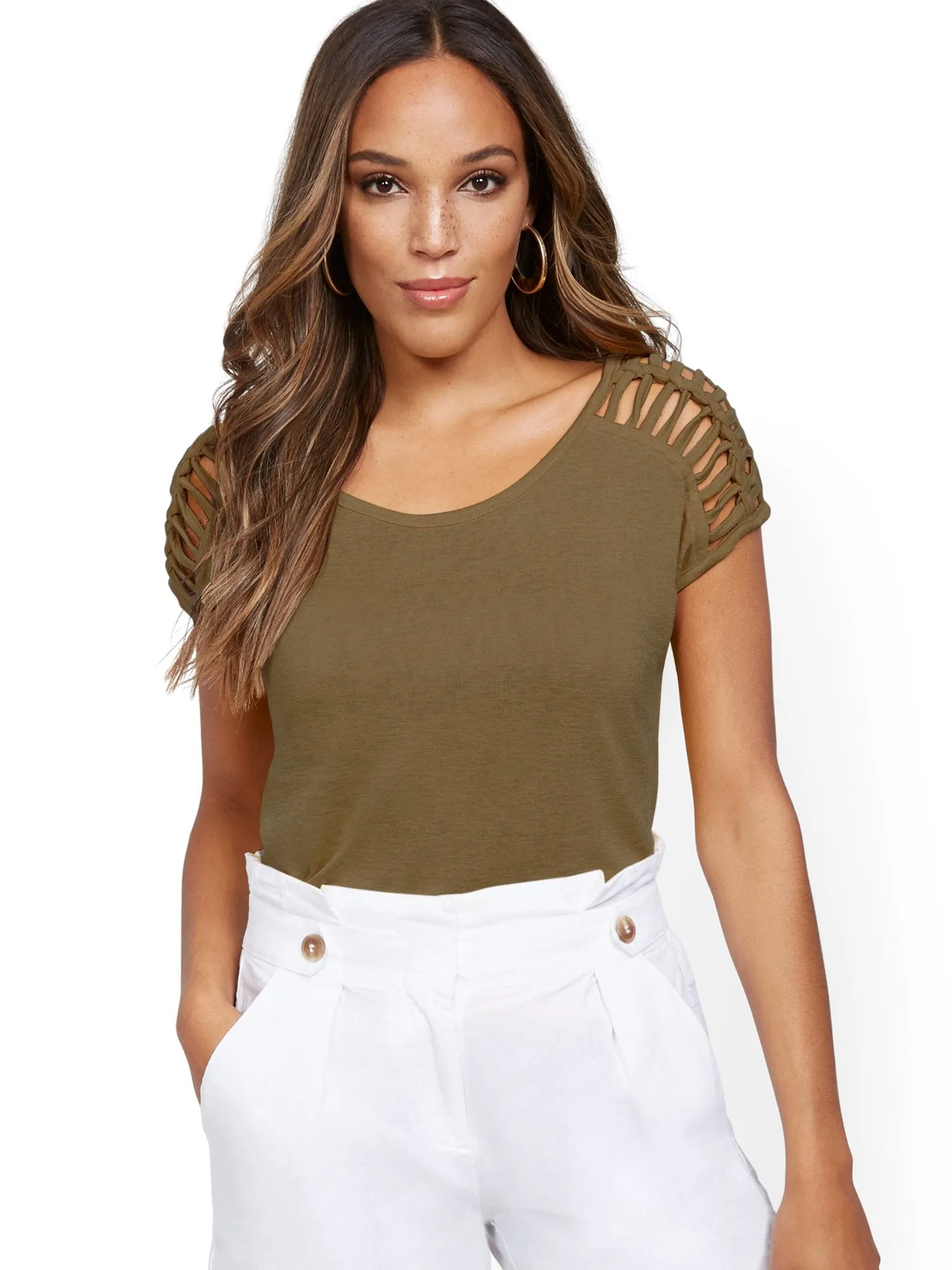 Linen-Like Lattice-Sleeve Top