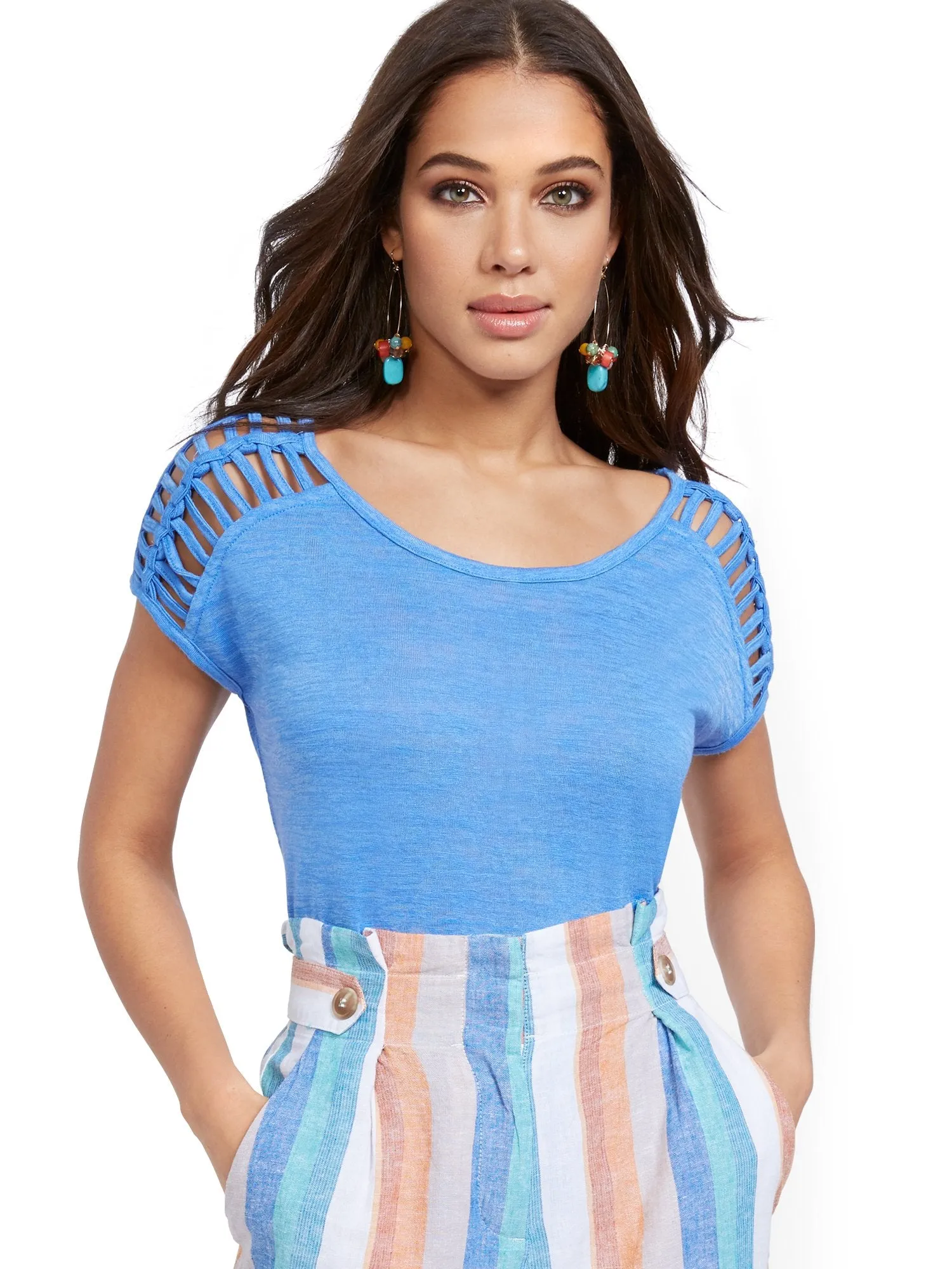 Linen-Like Lattice-Sleeve Top