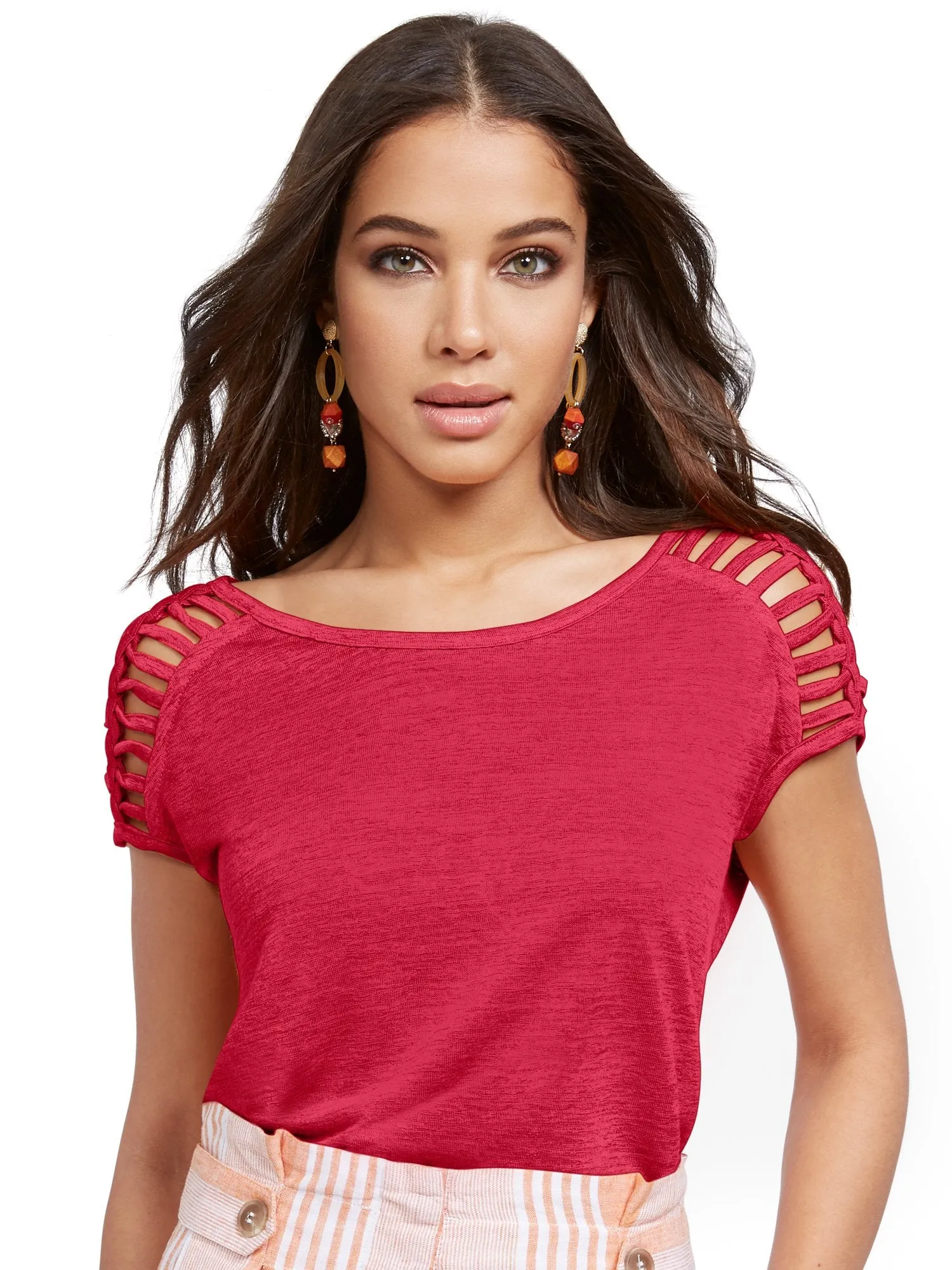 Linen-Like Lattice-Sleeve Top