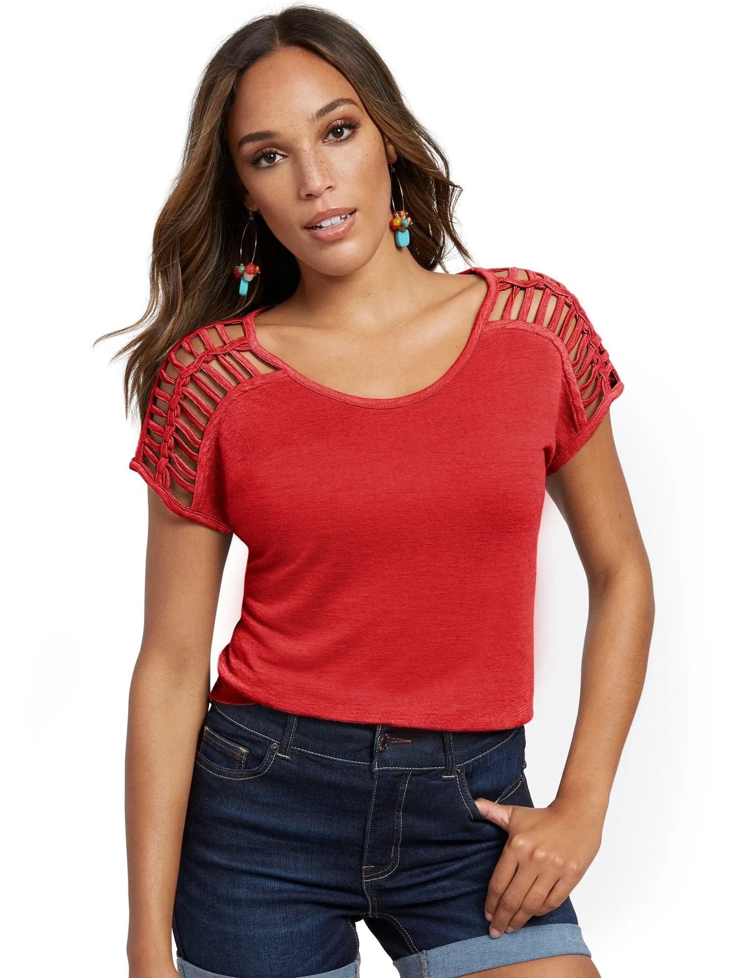 Linen-Like Lattice-Sleeve Top