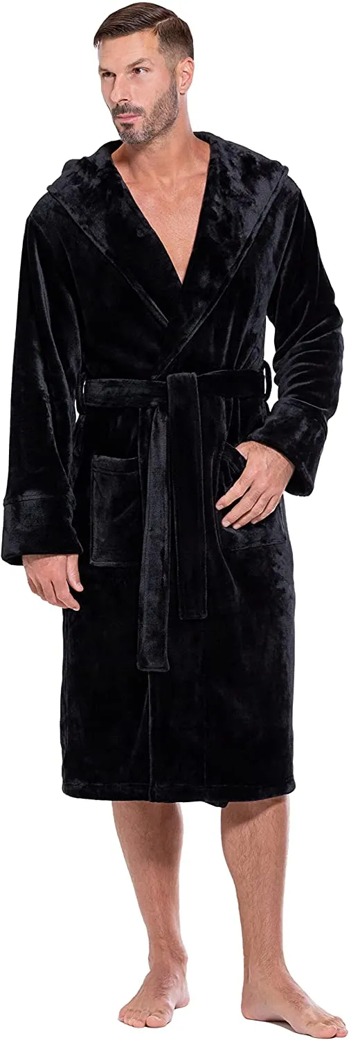 Men's Black Long Sleeve Fuzzy Hooded Robe