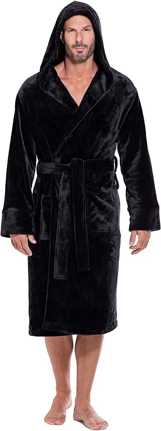 Men's Black Long Sleeve Fuzzy Hooded Robe