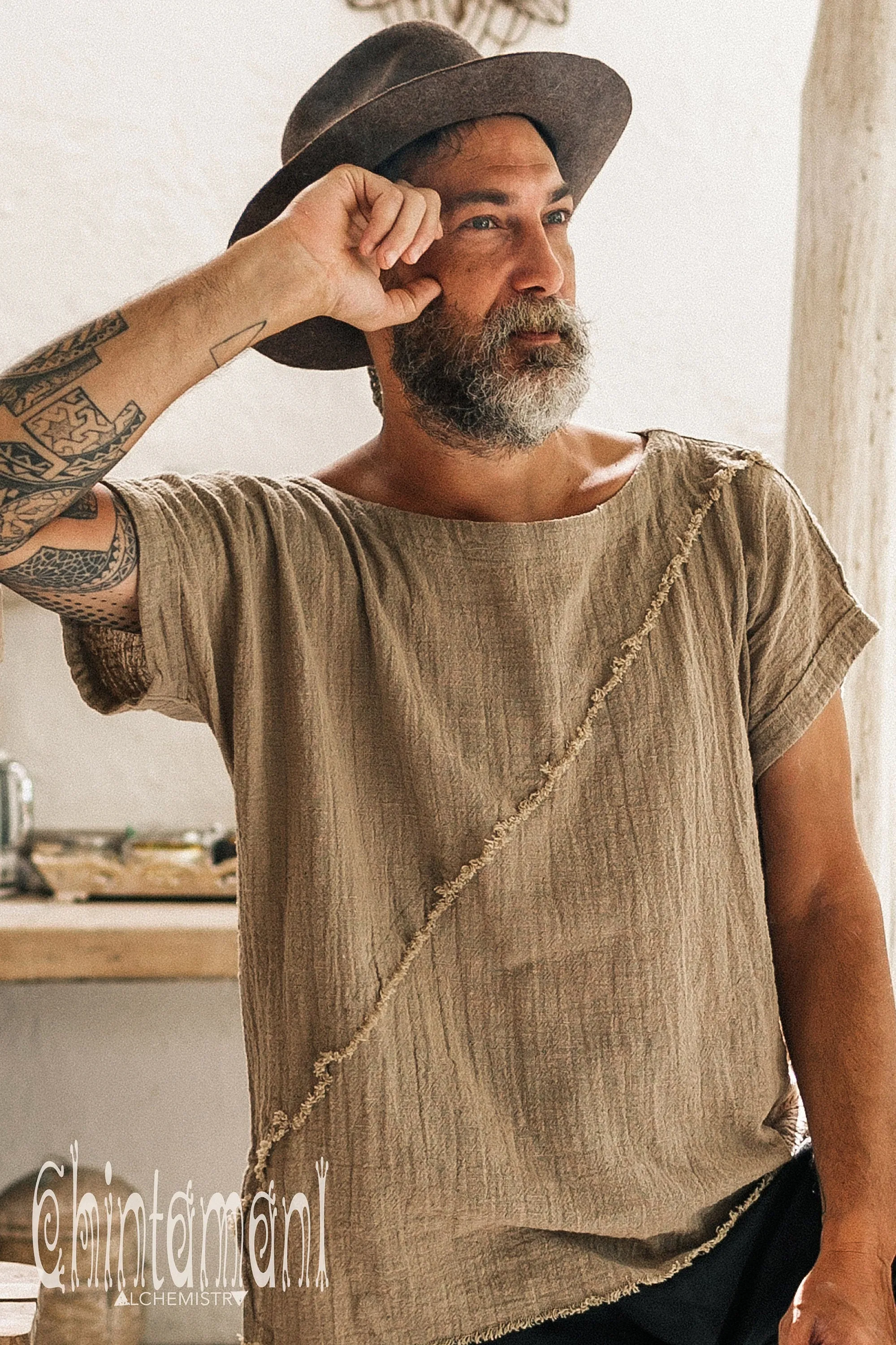 Mens Boho Shirt ∆ Raw Cotton Hippie Tshirt Boho Mens Clothing ∆ Man Festival Clothes Organic Vegan Tee Shirt ∆ Eco Comfy Tribal Top / Sage