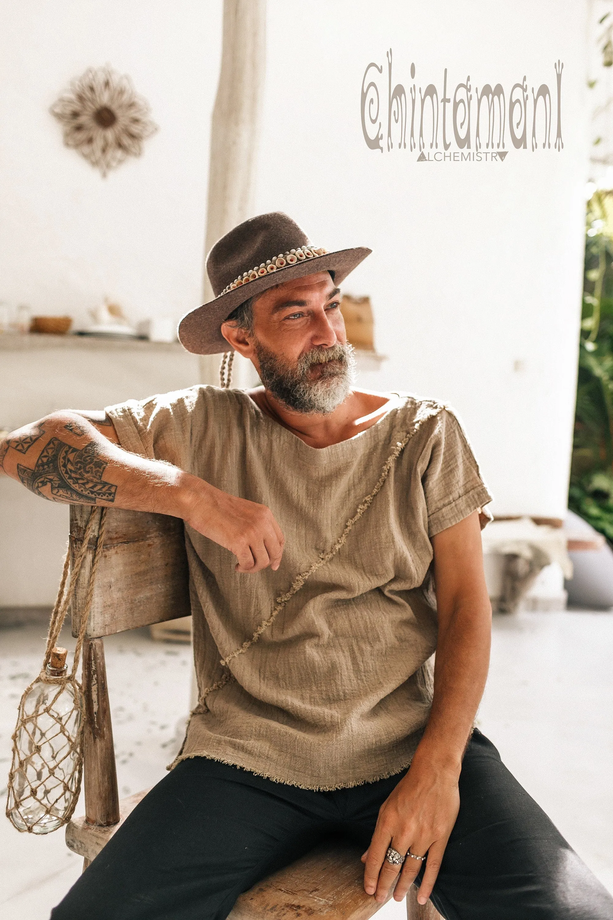 Mens Boho Shirt ∆ Raw Cotton Hippie Tshirt Boho Mens Clothing ∆ Man Festival Clothes Organic Vegan Tee Shirt ∆ Eco Comfy Tribal Top / Sage