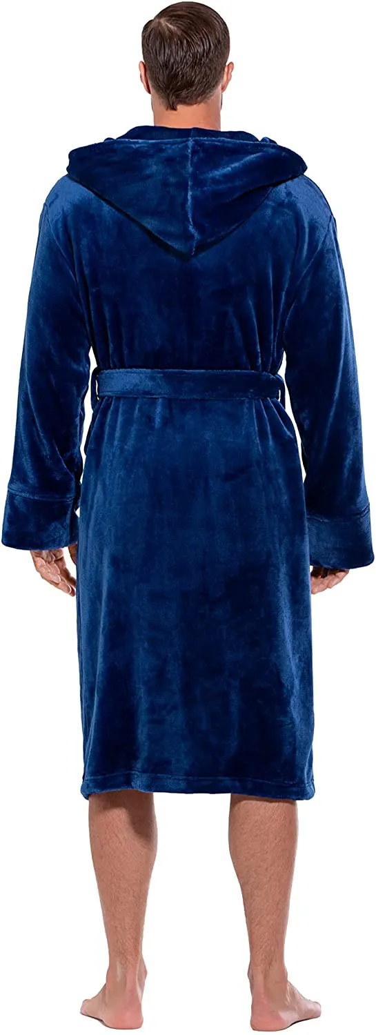 Men's Navy Blue Long Fuzzy Long Sleeve Hooded Robe