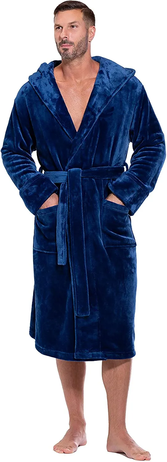 Men's Navy Blue Long Fuzzy Long Sleeve Hooded Robe