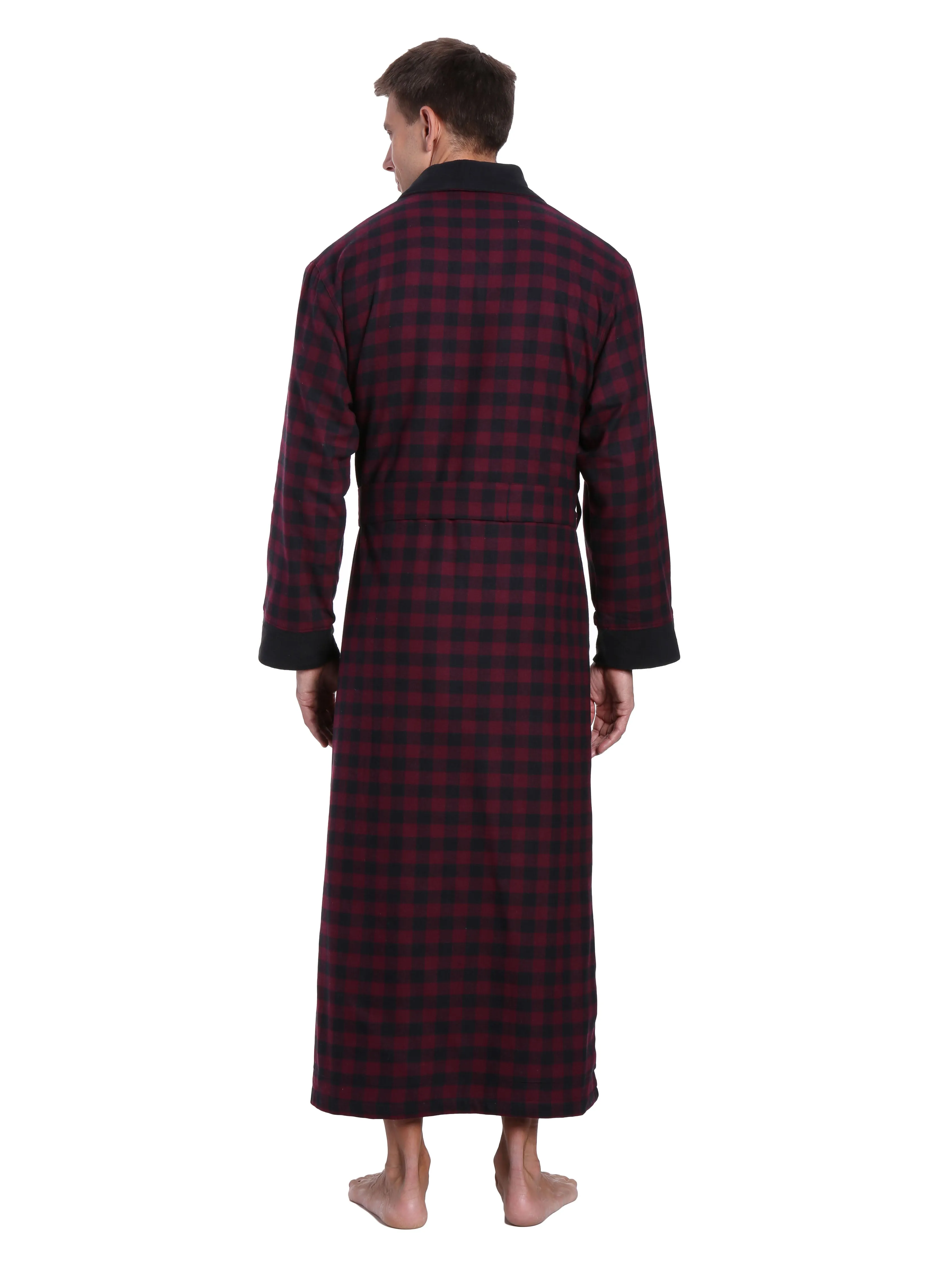 Mens Premium 100% Cotton Flannel Fleece Lined Robe - Gingham Checks - Fig Black