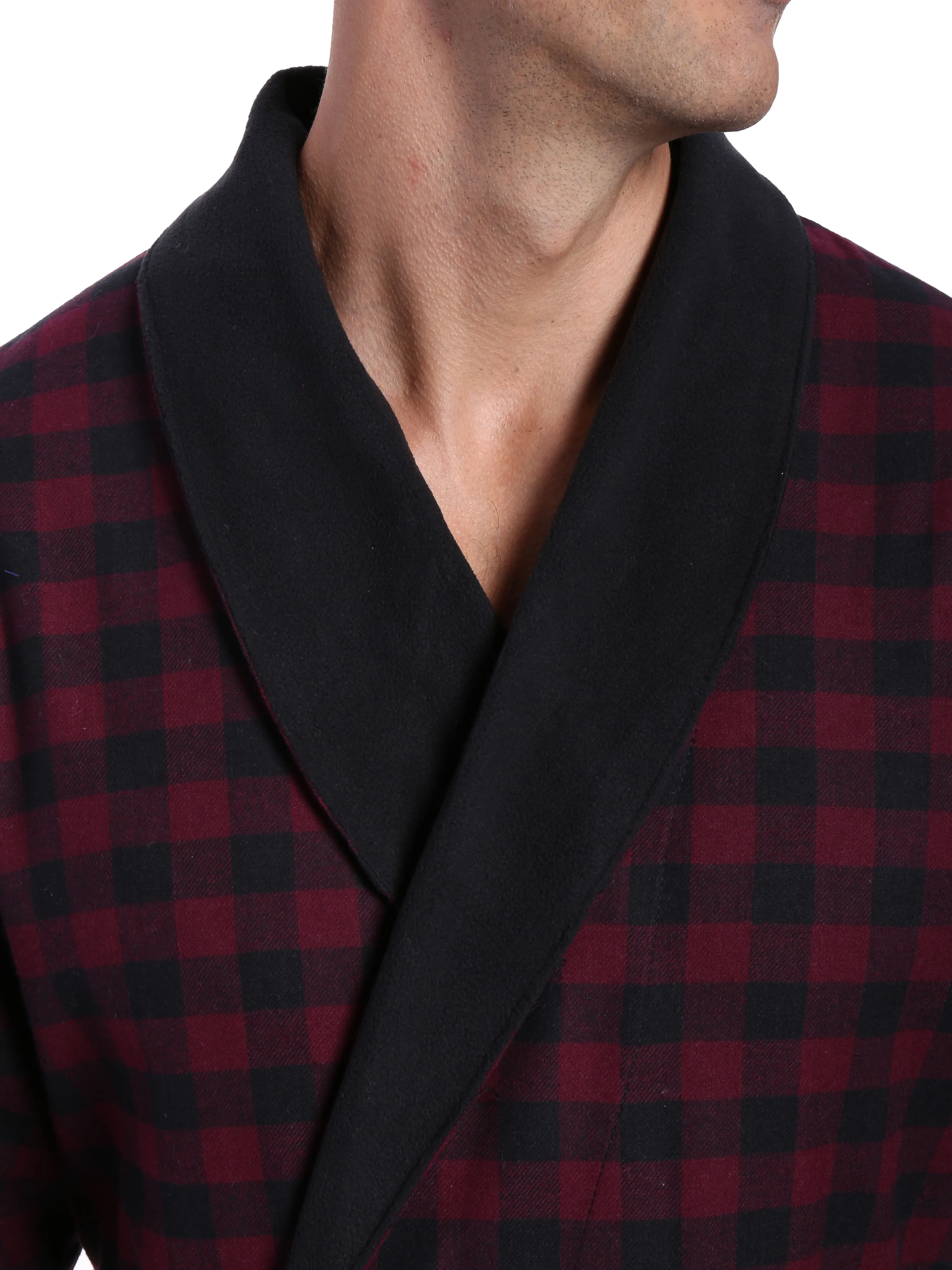 Mens Premium 100% Cotton Flannel Fleece Lined Robe - Gingham Checks - Fig Black