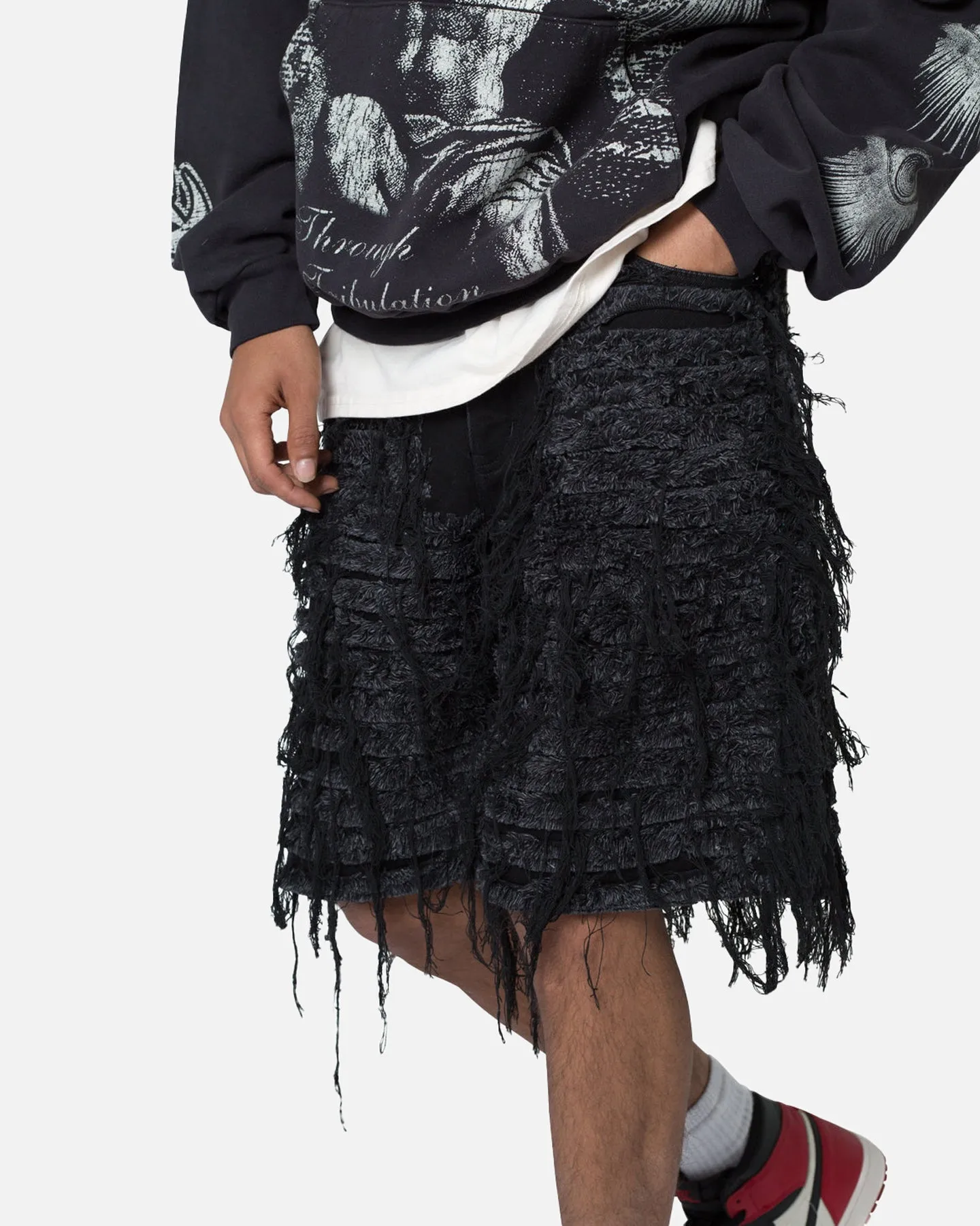 MNML All Over Frayed Denim Shorts Black