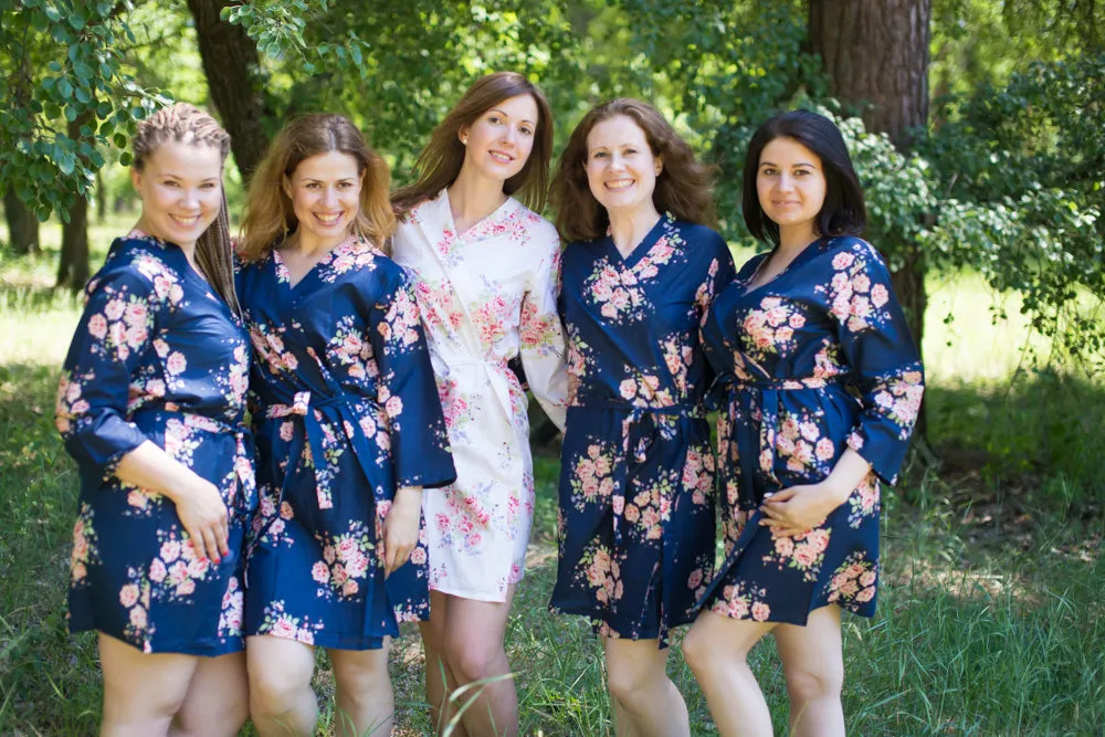 Navy Blue Faded Flowers Pattern Bridesmaids Robes