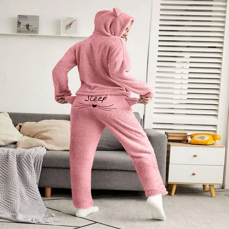 Nightgowns Solid Color Warm Pajamas Set Long Sleeve Tops  Pant Two Piece Cute Cat Print Hooded Sleeping Pajamas Hoodie