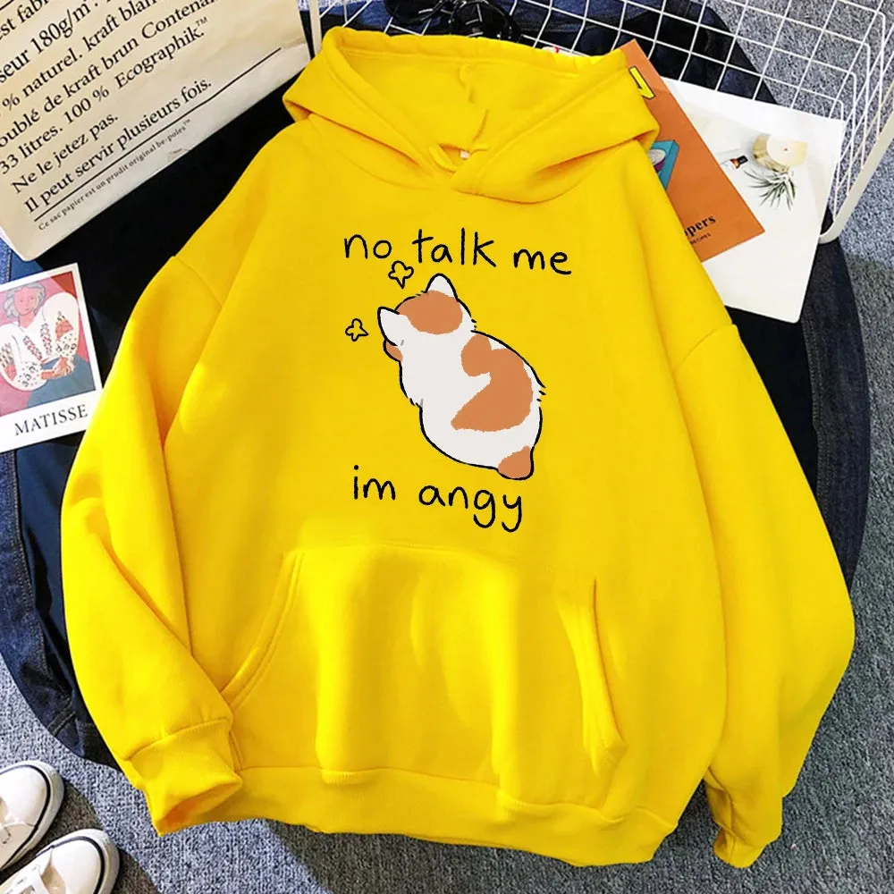 No Talk Me Cute Angry Cat Print Women Hoody Hip Hop Soft Sweatshirt Casual Fleece Sweatshirt Oversize Fleece Women Streetwear