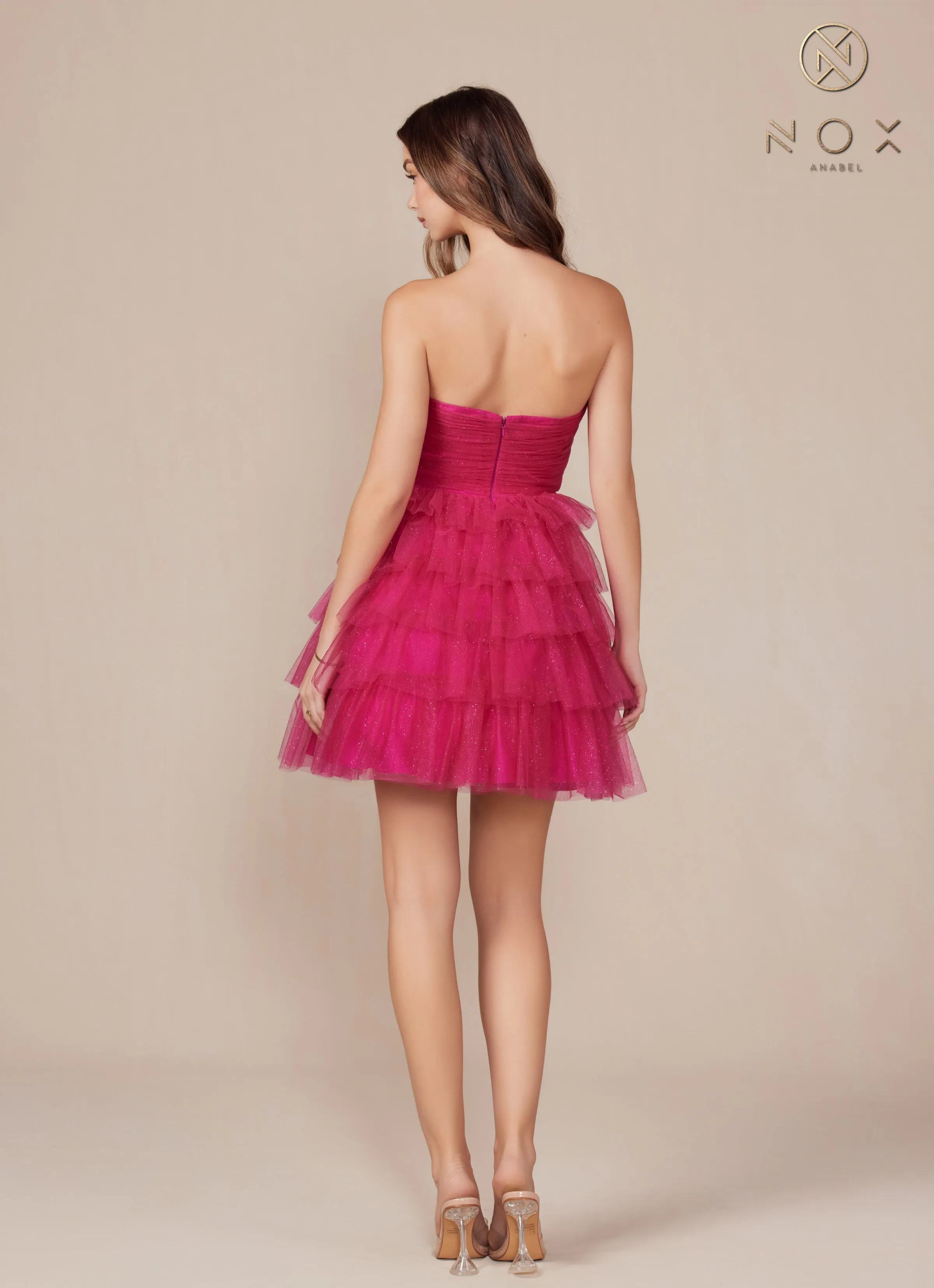 Nox Anabel A827 Strapless Tulle Ruffle Tiered Short Dress