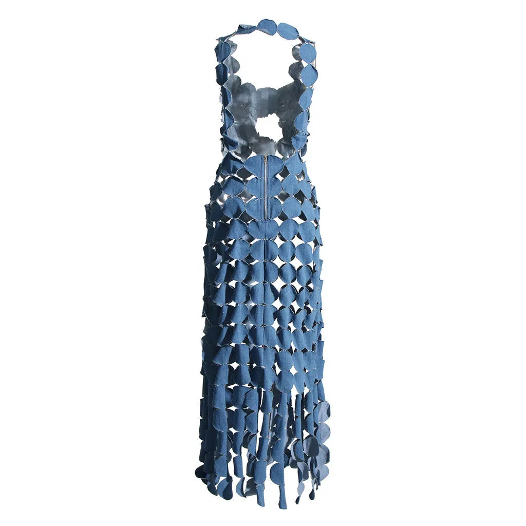 Playful Lacer Cut Circle CutOut Sleeveless Denim Applique Maxi Fringe Dress