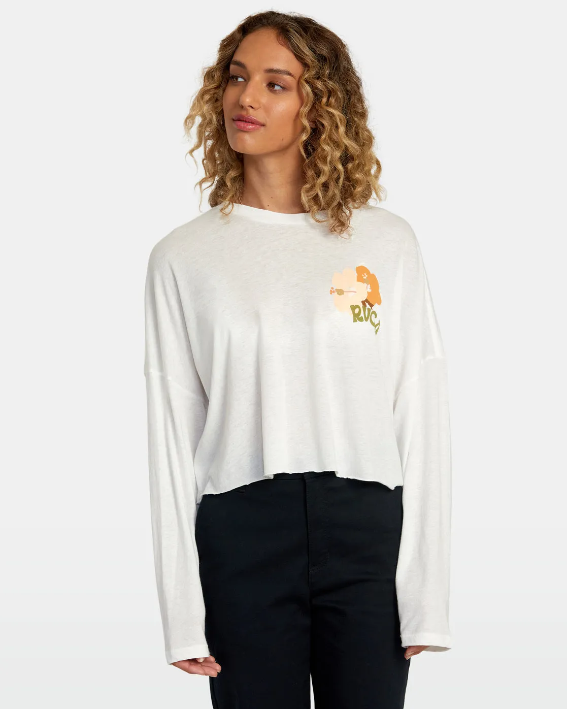 Retro Hibiscus Long Sleeve Tee - Vintage White