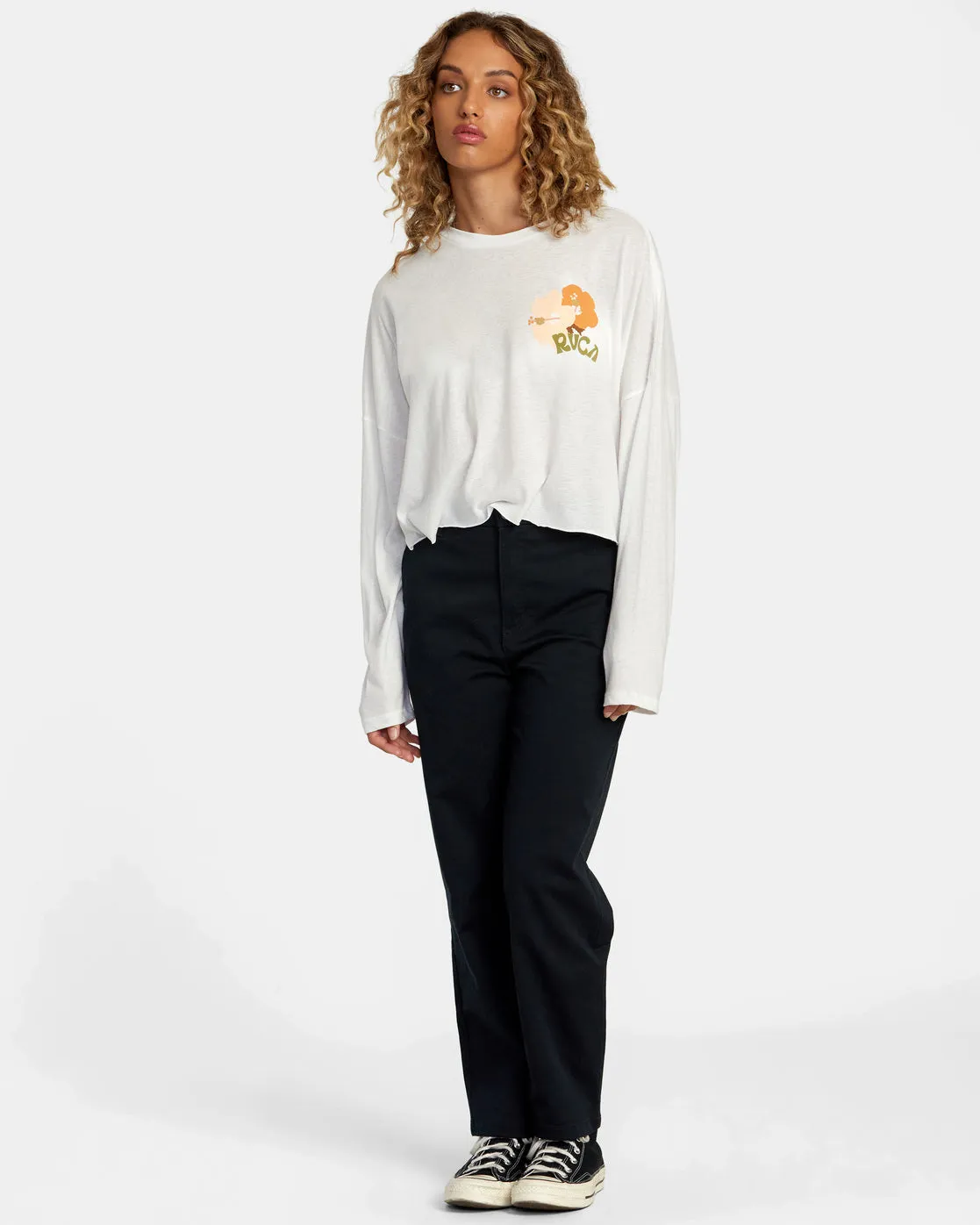 Retro Hibiscus Long Sleeve Tee - Vintage White