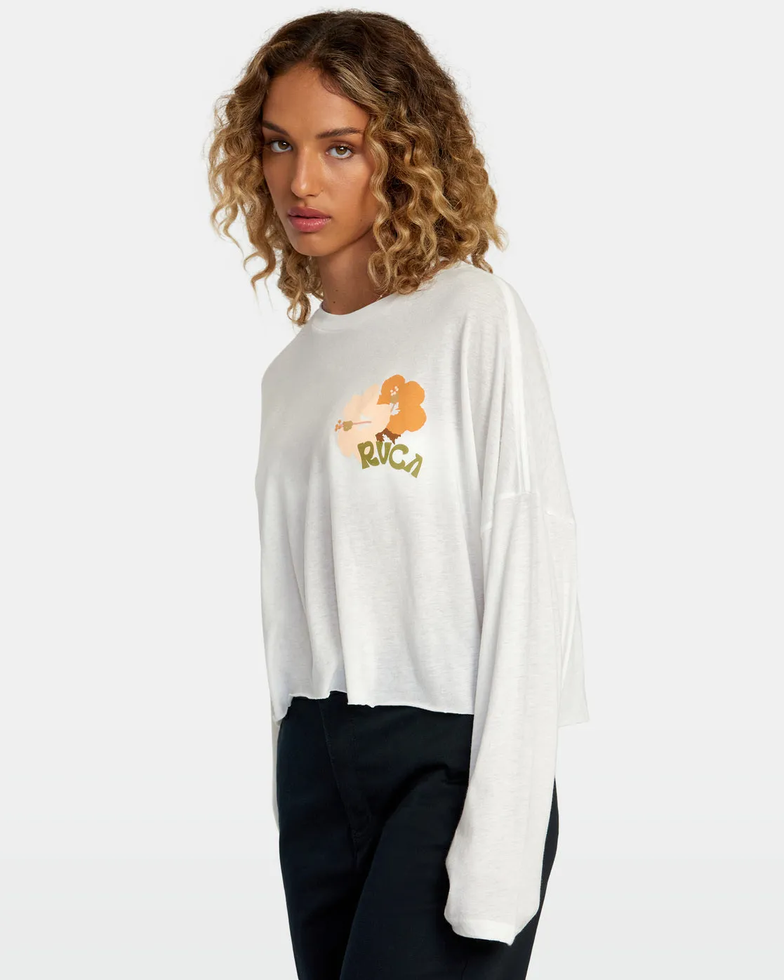 Retro Hibiscus Long Sleeve Tee - Vintage White