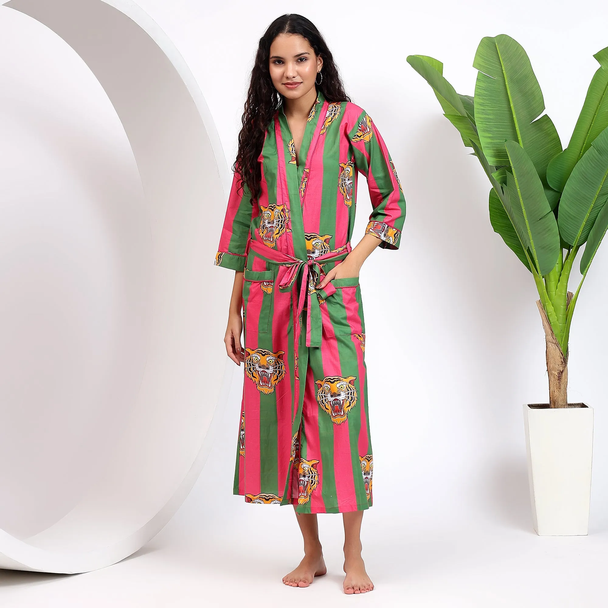 Roaring Tiger Cotton Striped Robes for Women | Pink & Green