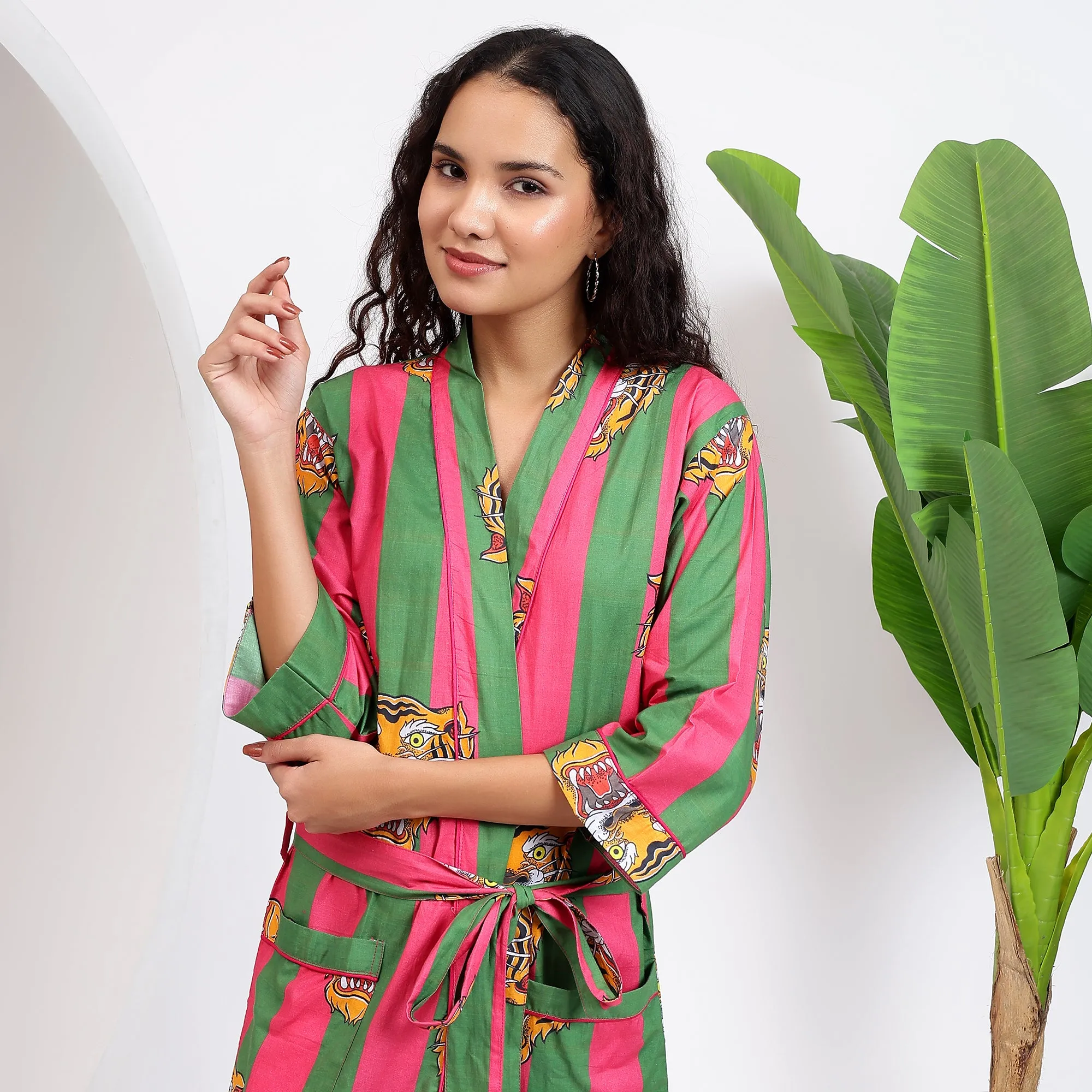 Roaring Tiger Cotton Striped Robes for Women | Pink & Green