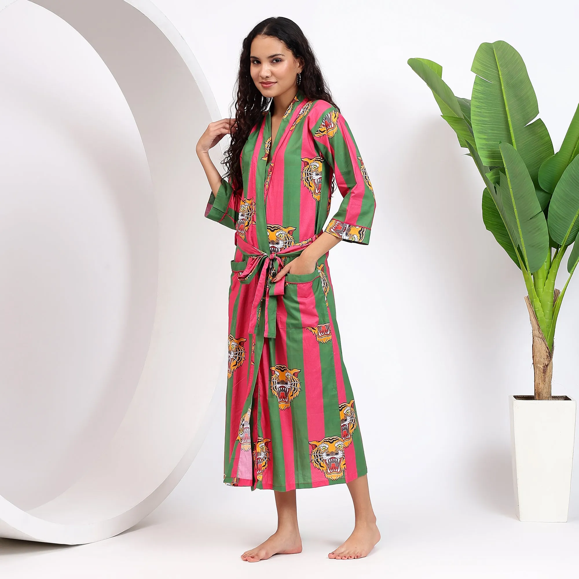 Roaring Tiger Cotton Striped Robes for Women | Pink & Green