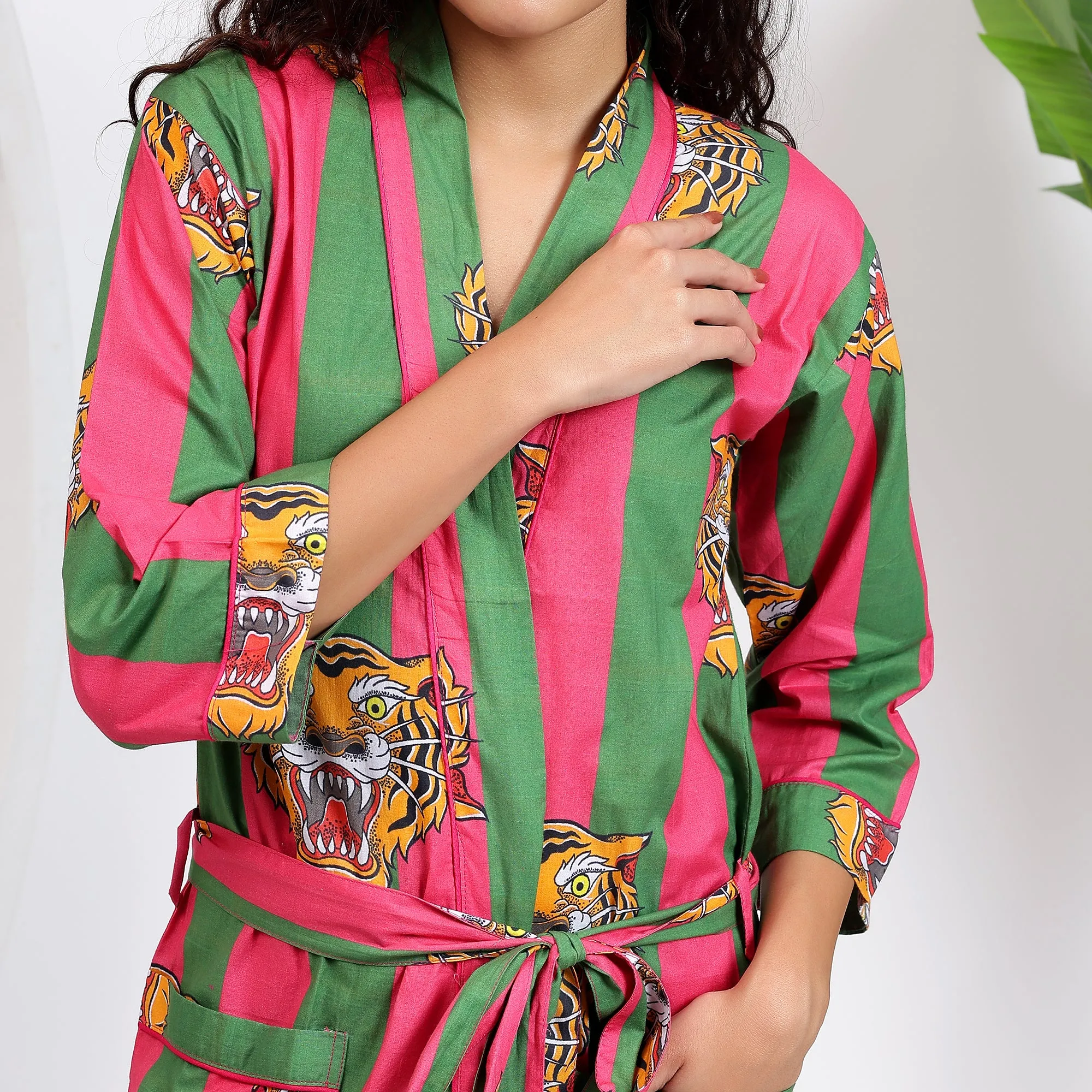 Roaring Tiger Cotton Striped Robes for Women | Pink & Green