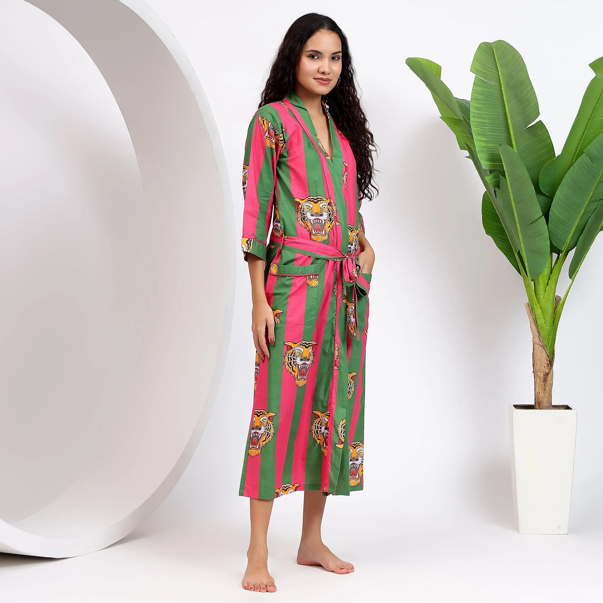 Roaring Tiger Cotton Striped Robes for Women | Pink & Green