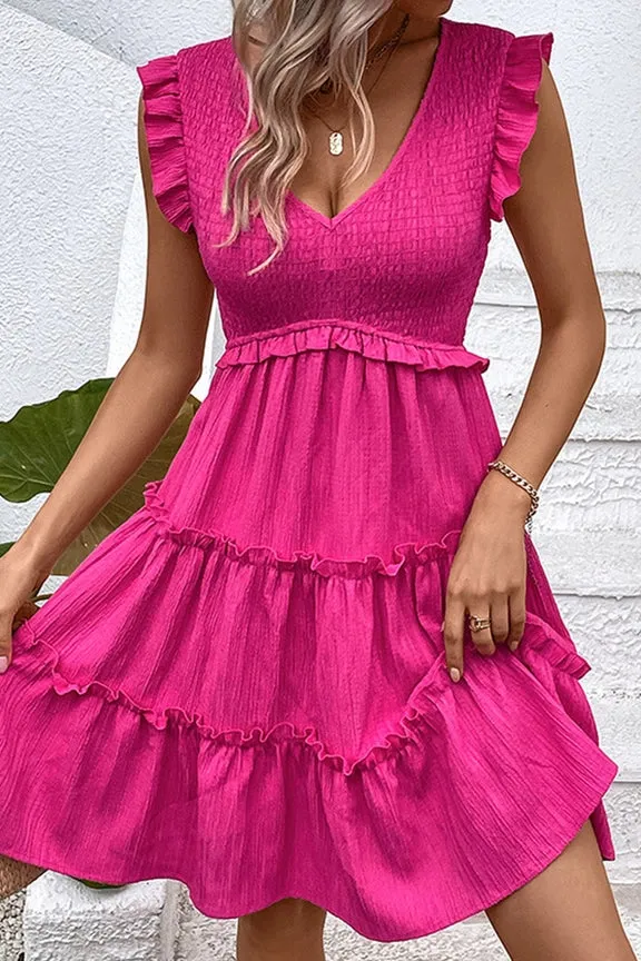 Rose V Neck Smocked Flutter Sleeves Tiered Dress