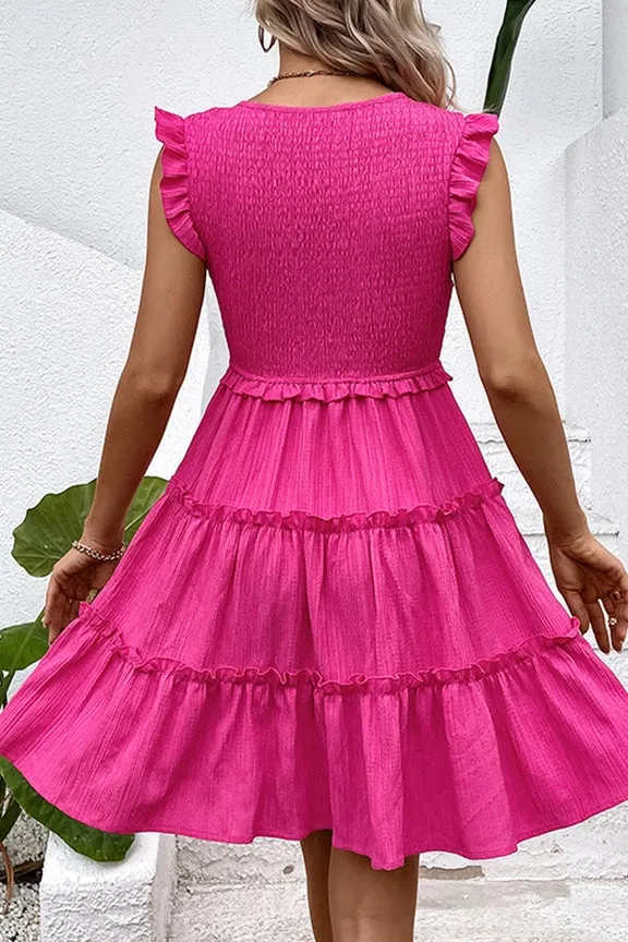 Rose V Neck Smocked Flutter Sleeves Tiered Dress