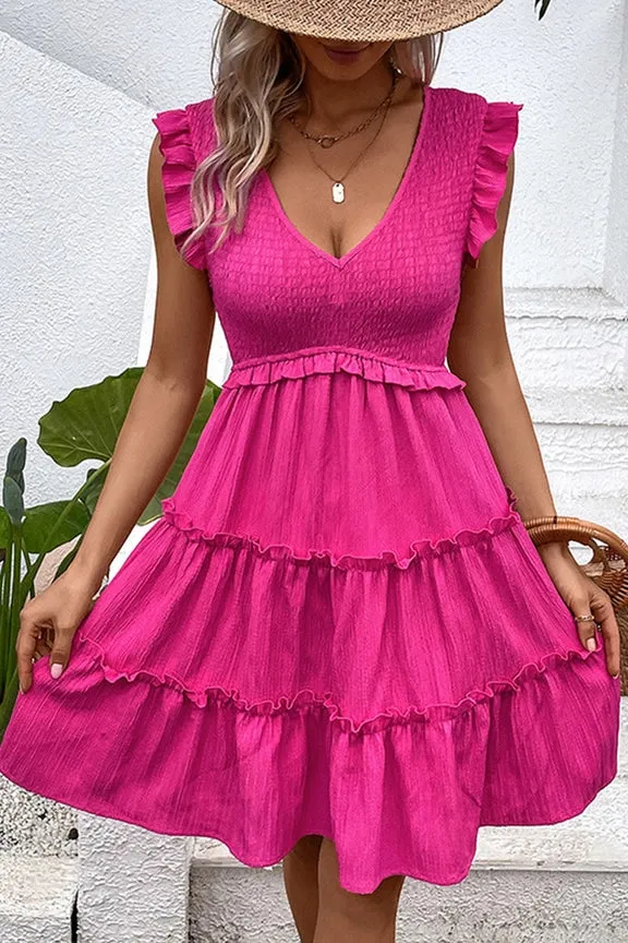 Rose V Neck Smocked Flutter Sleeves Tiered Dress