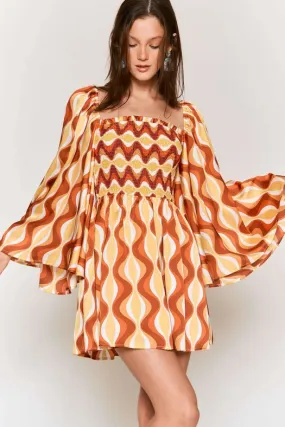 Smocked Wide Sleeve Swirl Print Mini Dress ORANGE COMBO