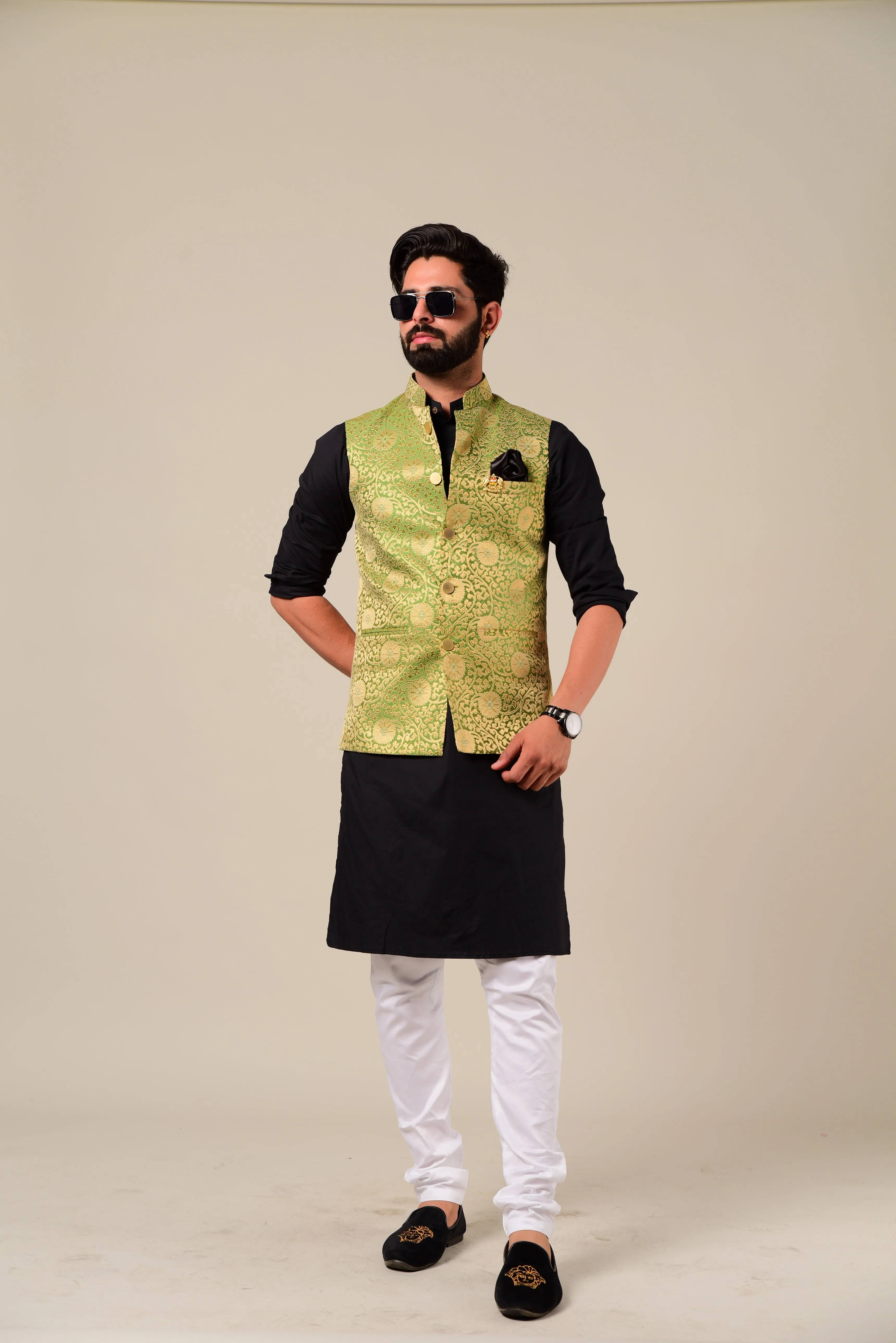 Spring Bug And Golden Brocade Half Jodhpuri Jacket with Kurta Pajama