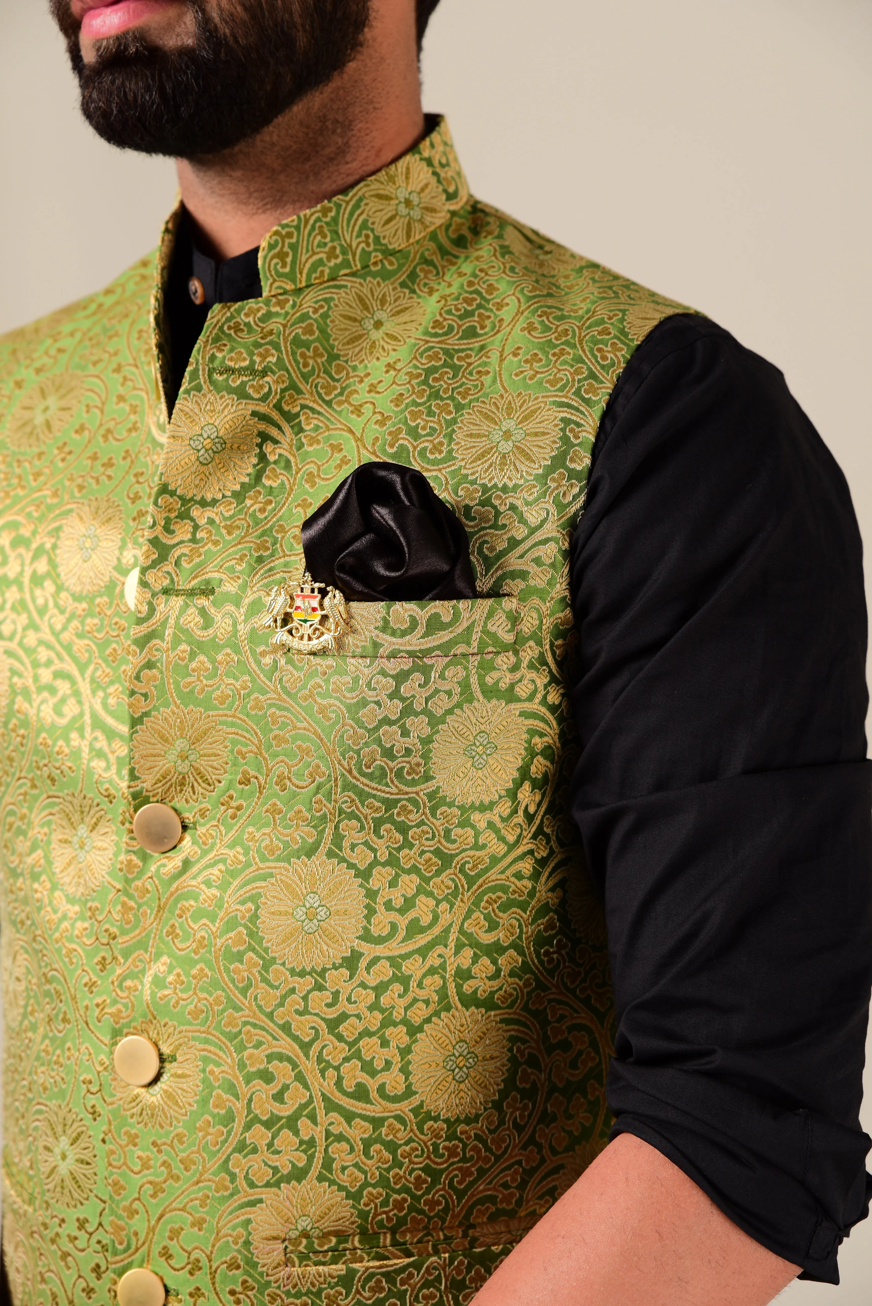 Spring Bug And Golden Brocade Half Jodhpuri Jacket with Kurta Pajama