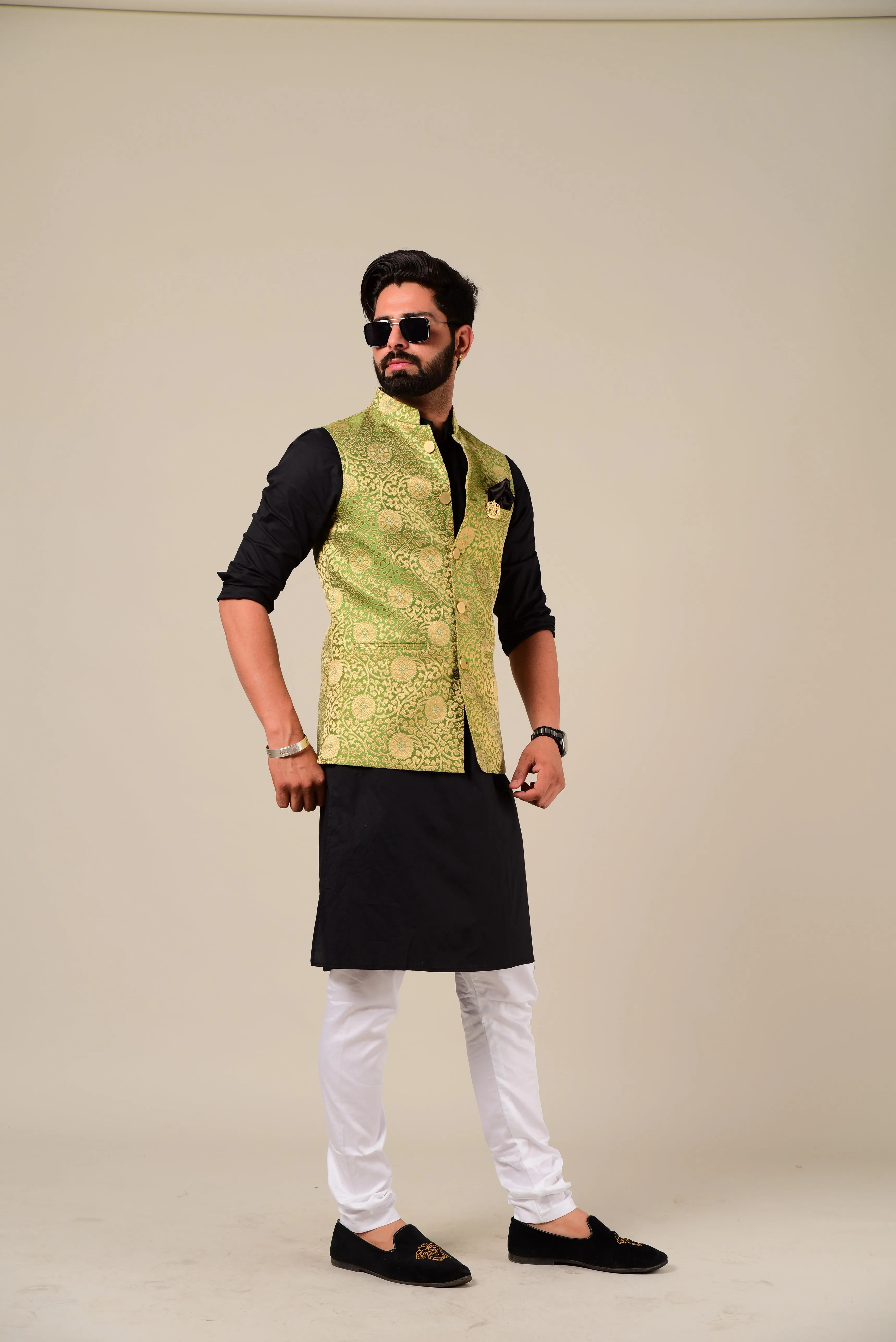 Spring Bug And Golden Brocade Half Jodhpuri Jacket with Kurta Pajama