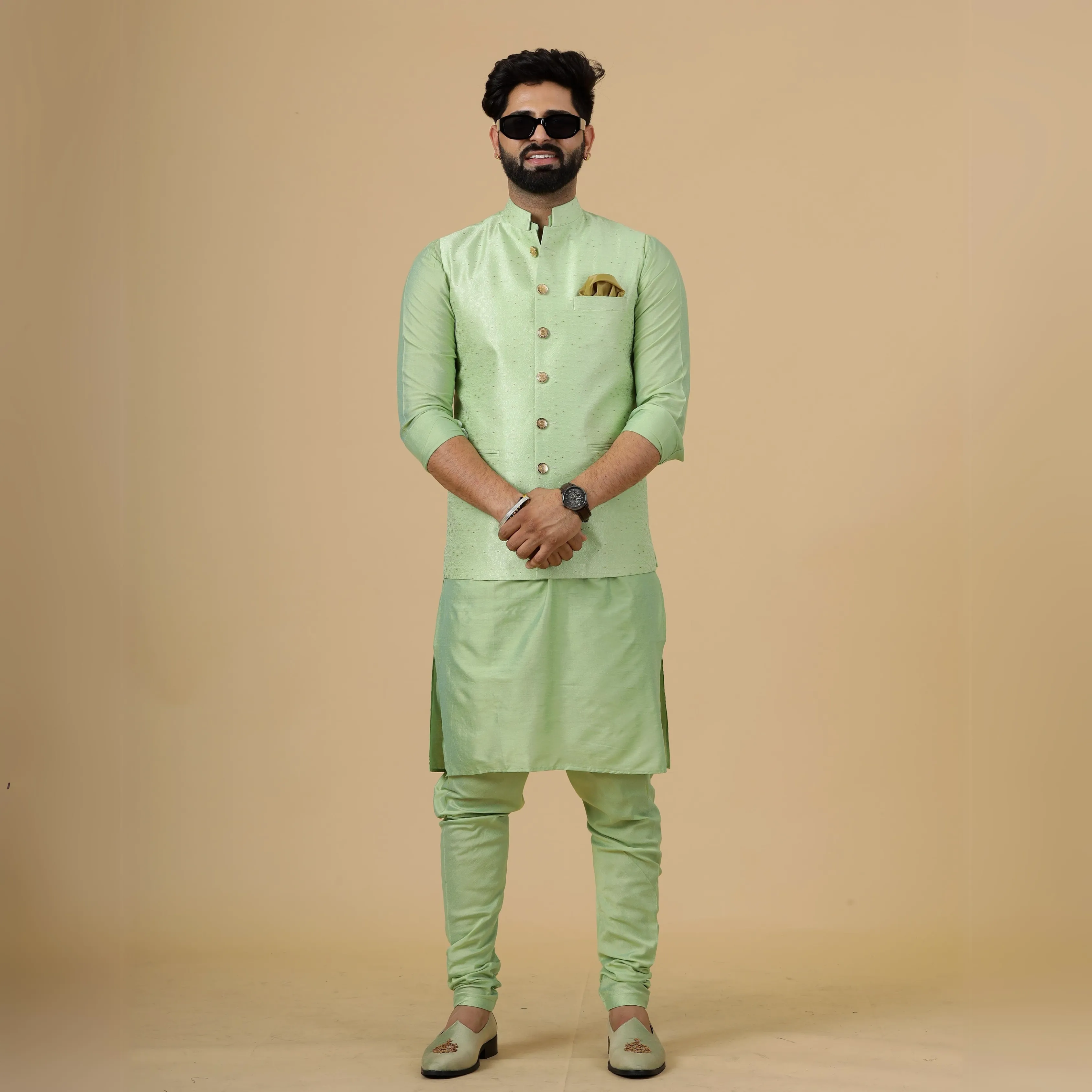 Stunning Pistachio Green Banarasi Silk with Pistachio Green Kurta-Pajama for Men