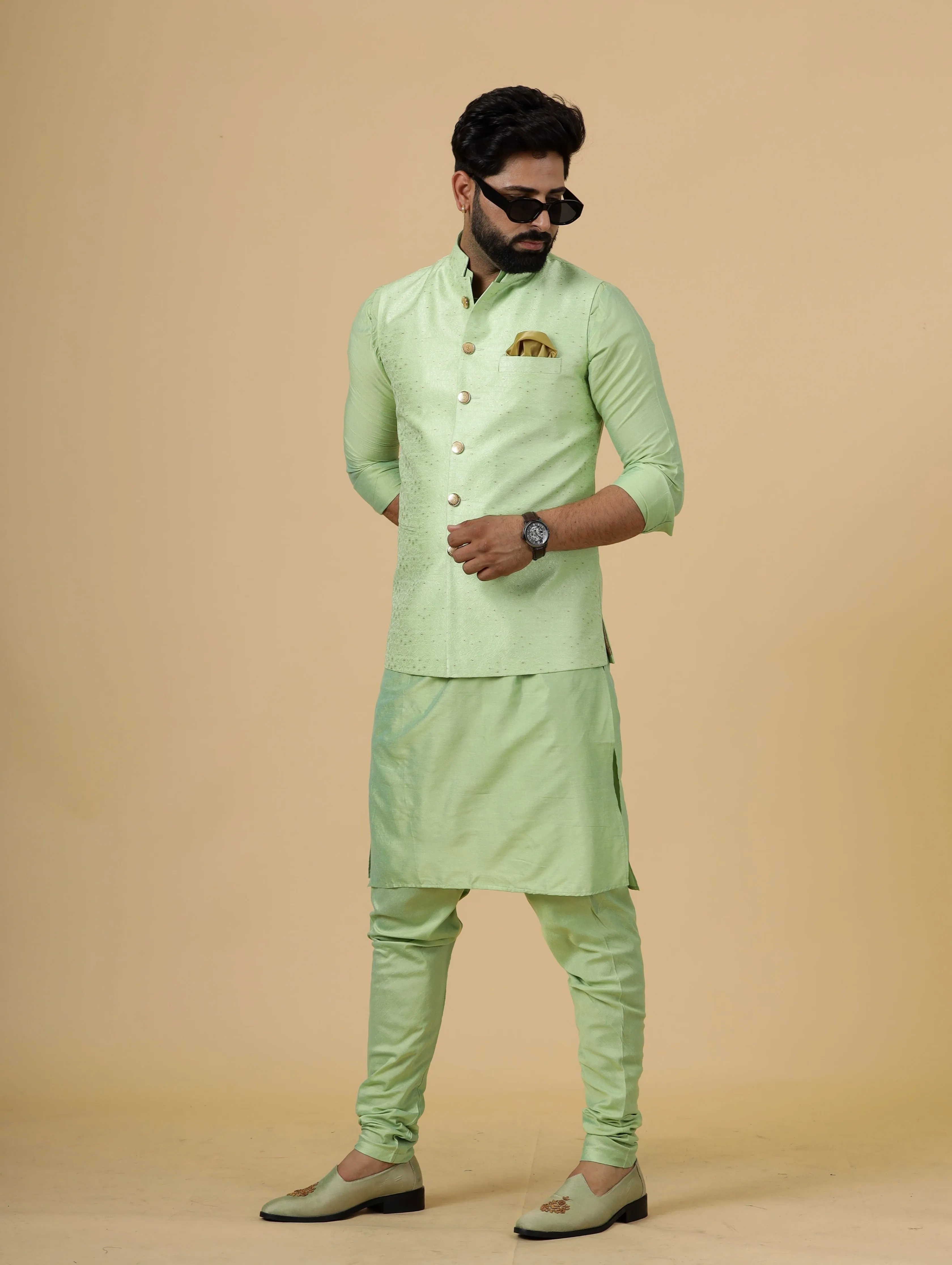 Stunning Pistachio Green Banarasi Silk with Pistachio Green Kurta-Pajama for Men