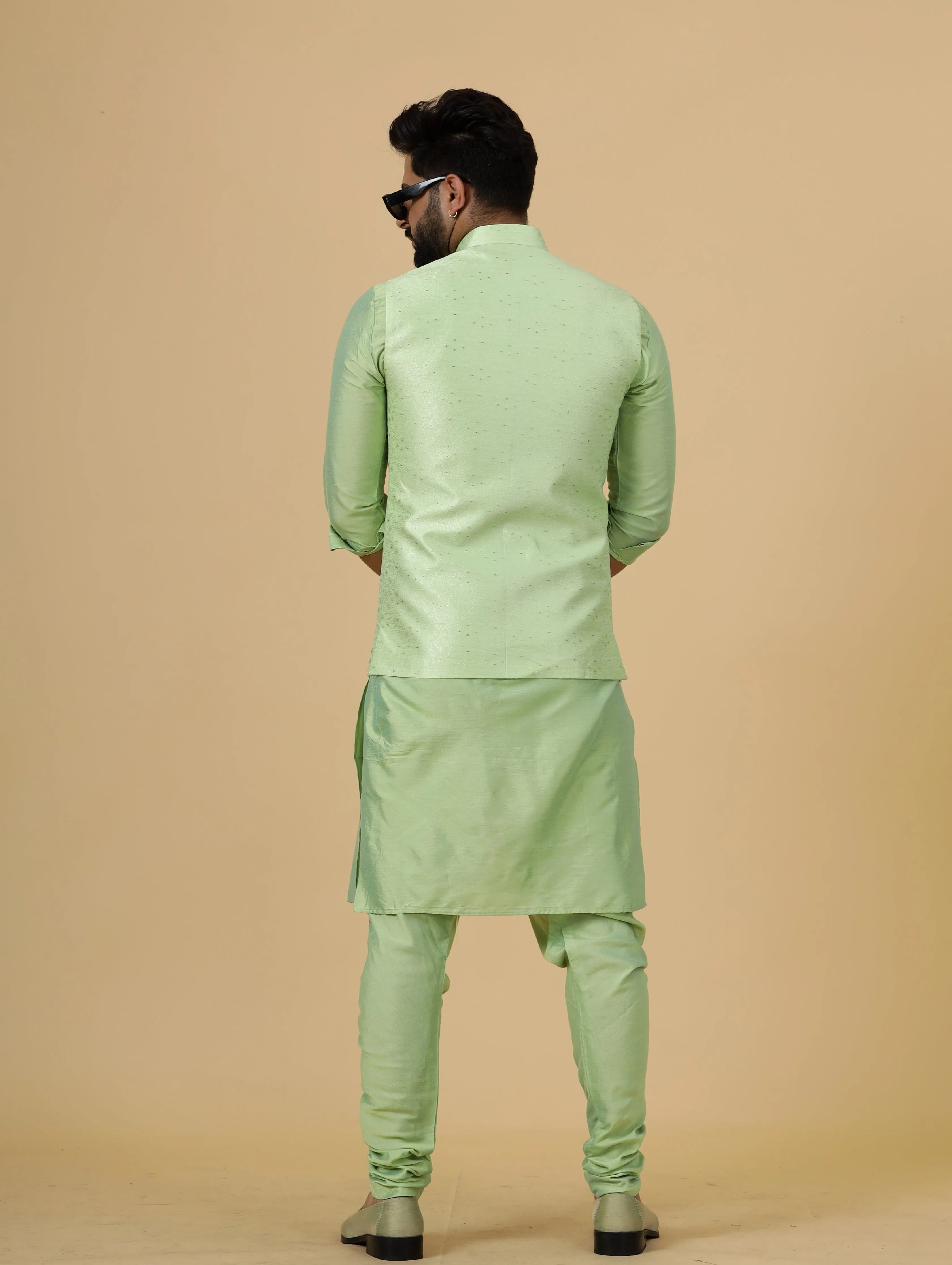 Stunning Pistachio Green Banarasi Silk with Pistachio Green Kurta-Pajama for Men