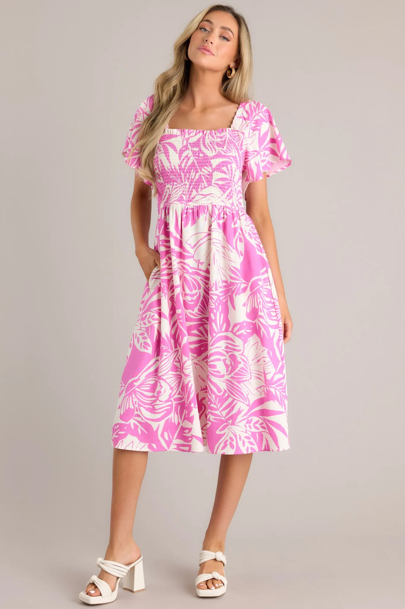 Sun-Kissed Serenity Pink Tropical Print Midi Dress