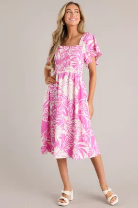 Sun-Kissed Serenity Pink Tropical Print Midi Dress