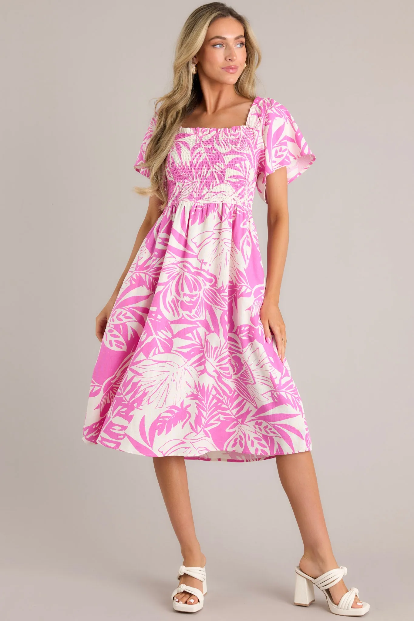 Sun-Kissed Serenity Pink Tropical Print Midi Dress