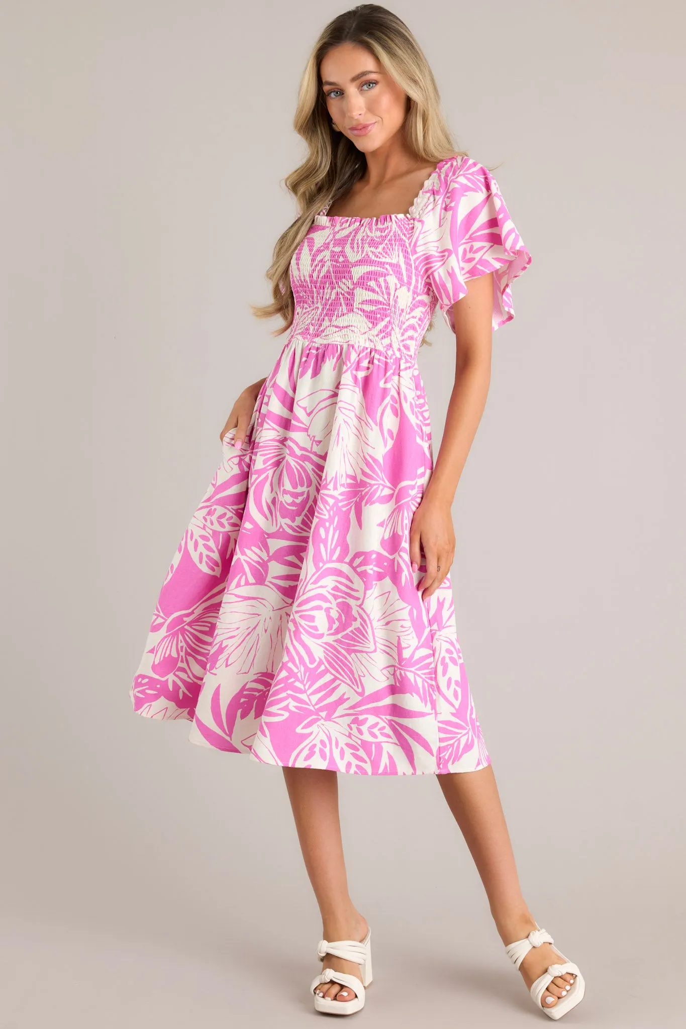 Sun-Kissed Serenity Pink Tropical Print Midi Dress