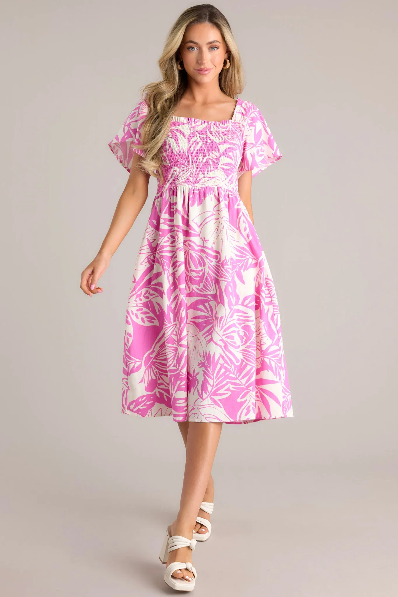 Sun-Kissed Serenity Pink Tropical Print Midi Dress