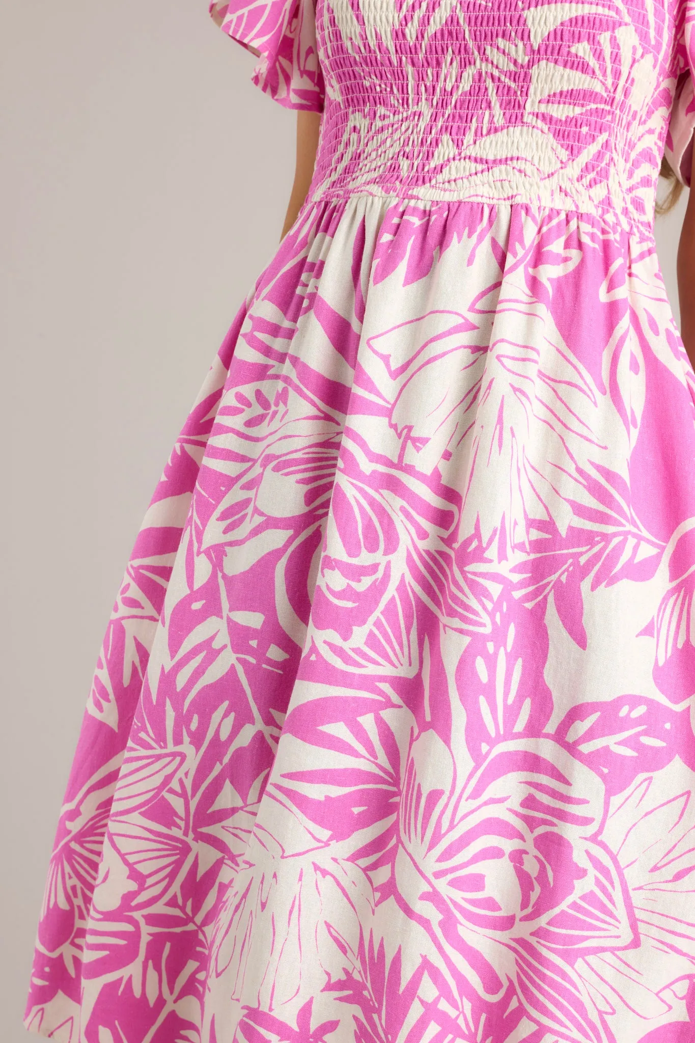 Sun-Kissed Serenity Pink Tropical Print Midi Dress